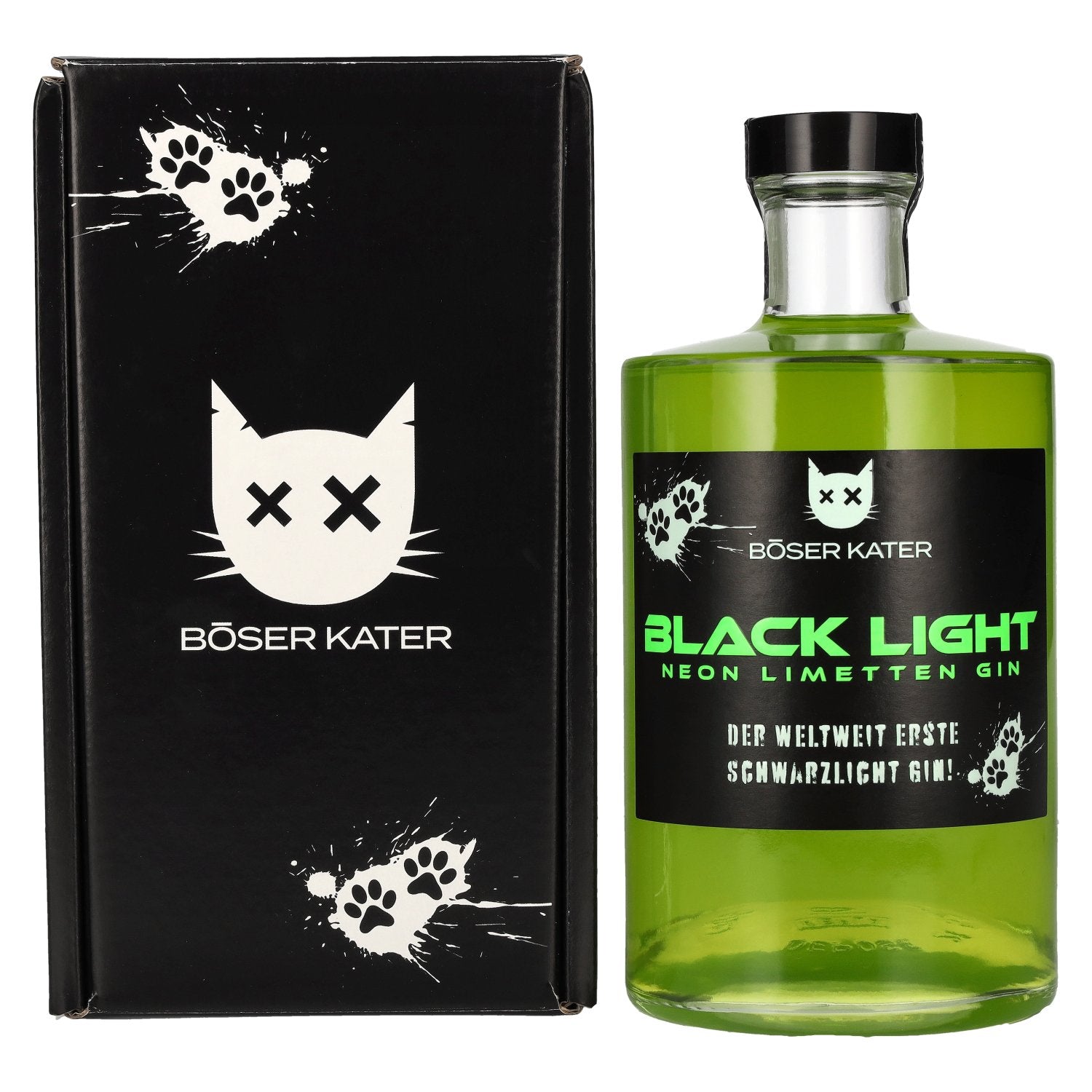 BÖSER KATER Black Light Neon Limetten Gin 40% Vol. 0,5l en boîte cadeau
