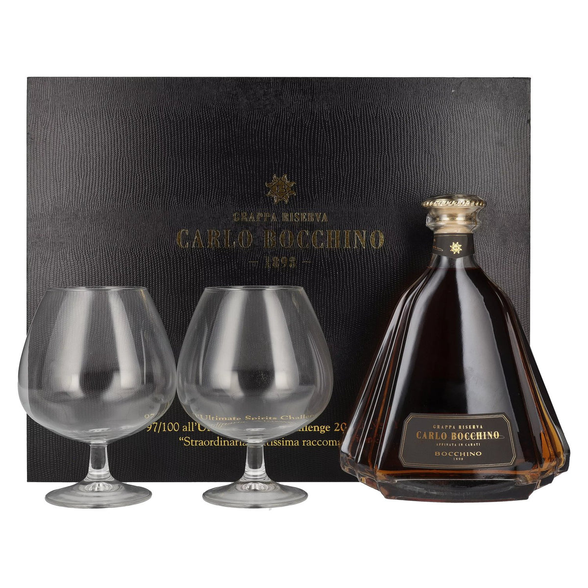 Carlo Bocchino Grappa Riserva 43% vol. 0.7l in geschenkverpakking met 2 glazen
