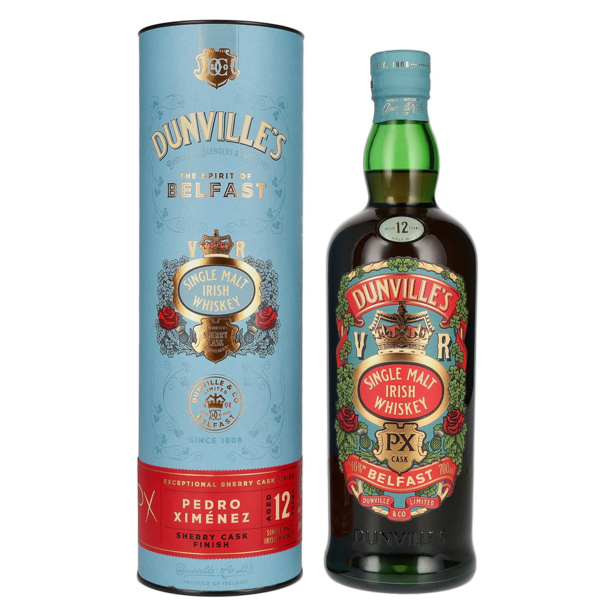 Dunville's Irish Whiskey single malt 12 ans d'âge, élevé en fût PX, 46 % vol., 0,7 l, dans un coffret cadeau