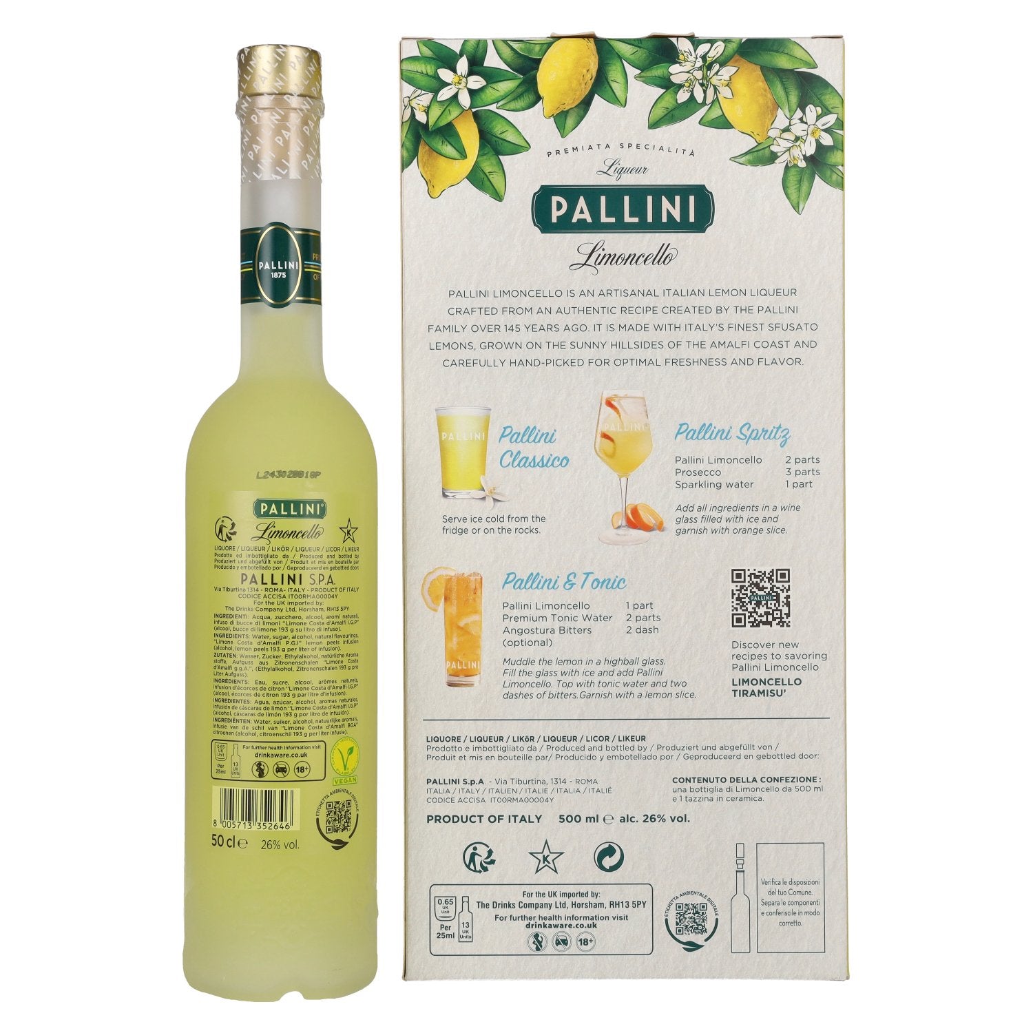 Pallini Limoncello Likeur 26% Vol. 0.5l in geschenkverpakking met keramische mok