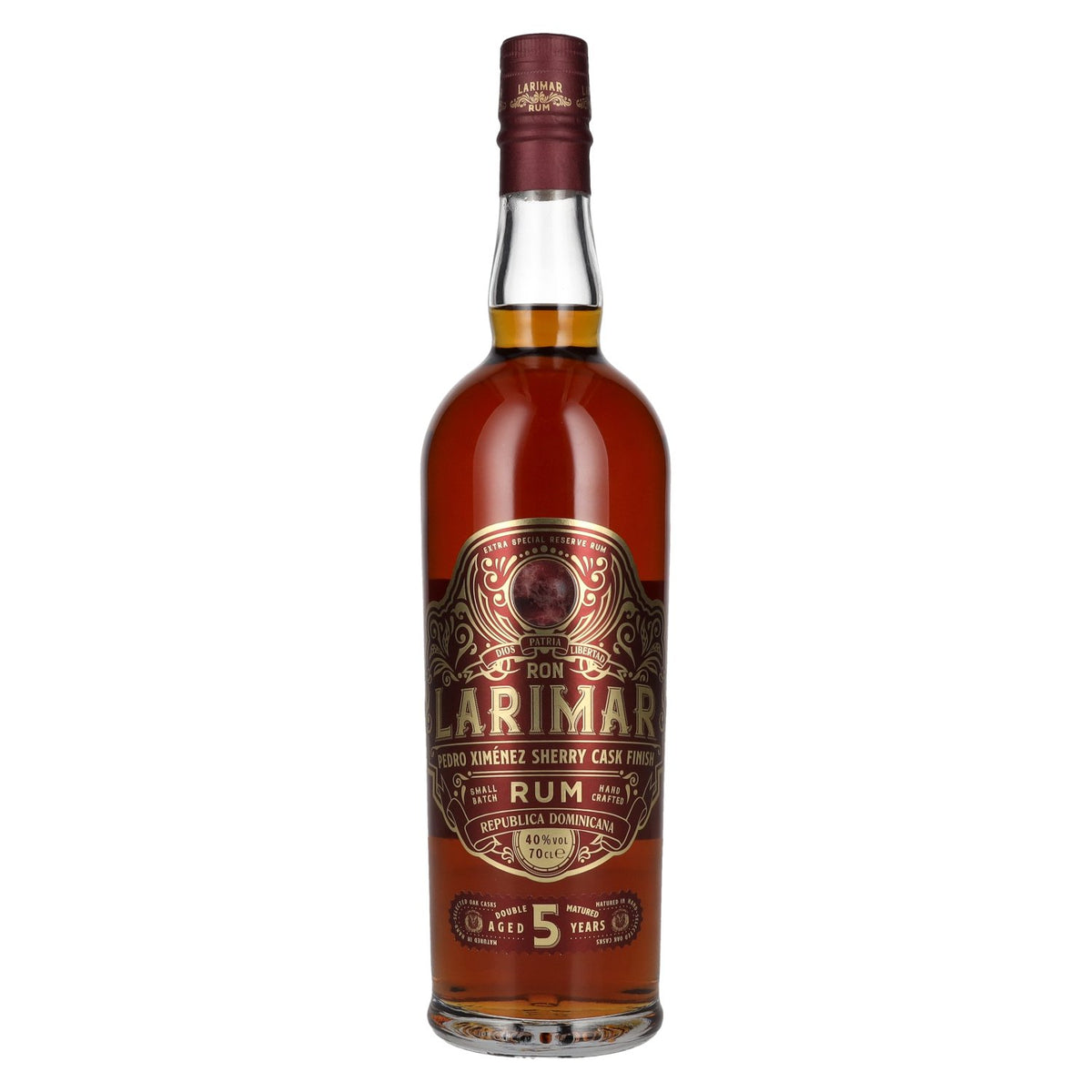 Ron Larimar 5 ans d'âge, rhum en petite cuvée, affiné en fût de sherry Pedro Ximénez, 40 % vol., 0,7 l