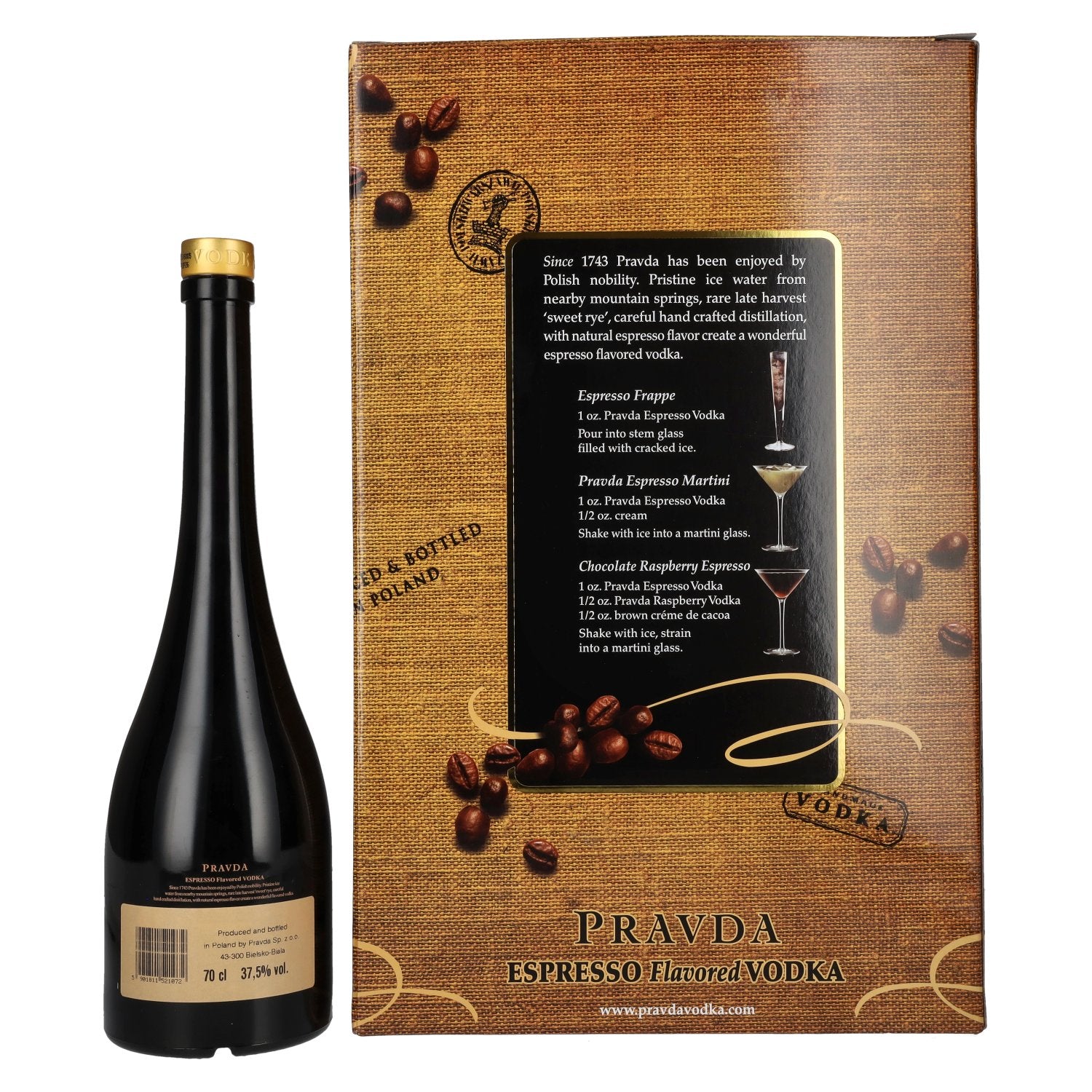 Pravda ESPRESSO Flavoured Vodka 37,5% Vol. 0,7l in gift box with 2 glasses