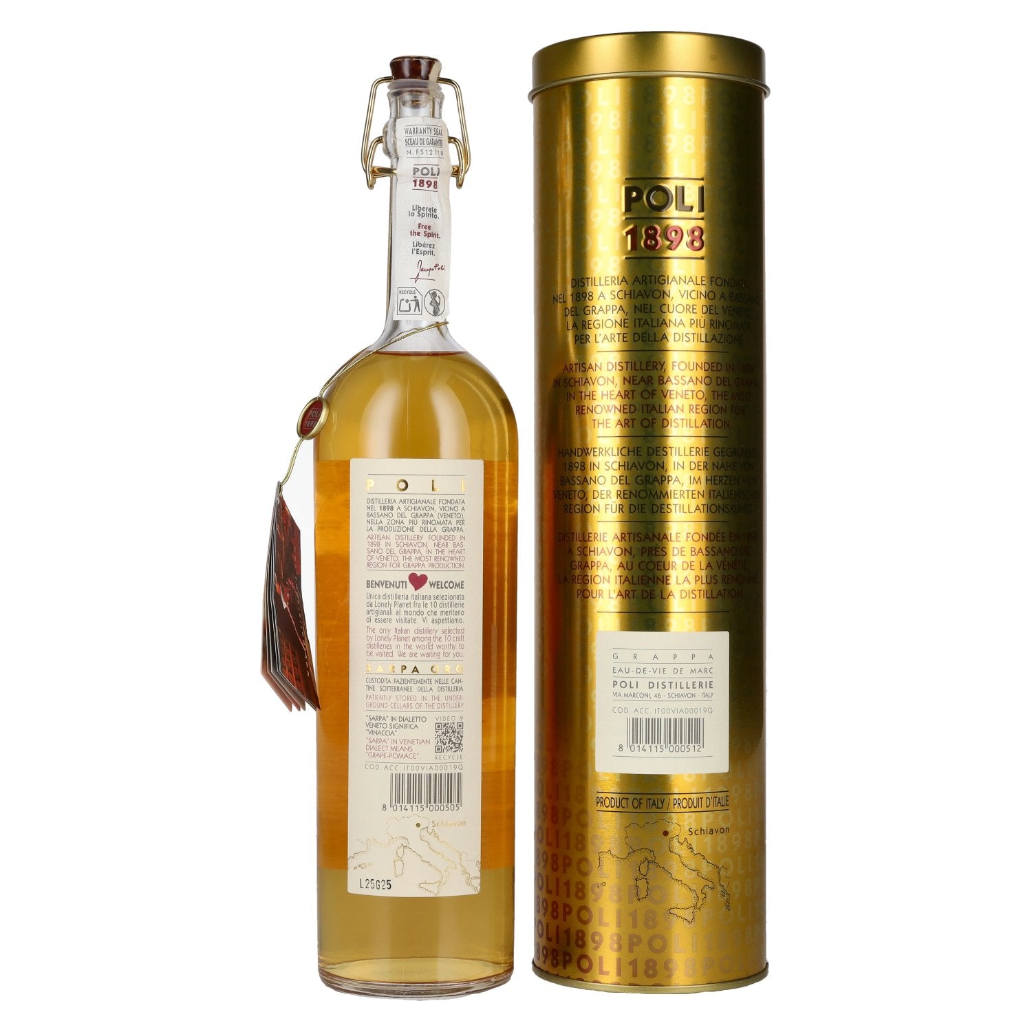 Poli Grappa Sarpa Oro di Poli 40% vol. 0,7l en Tinbox