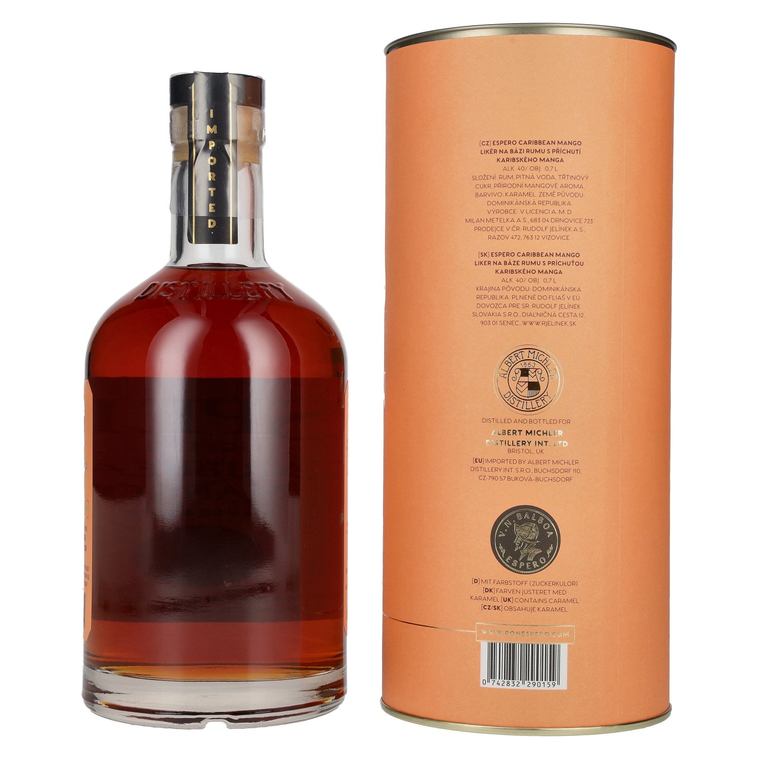 Ron Espero Caribbean Mango &amp; Rum Likeur 40% vol. 0,7 l in geschenkverpakking