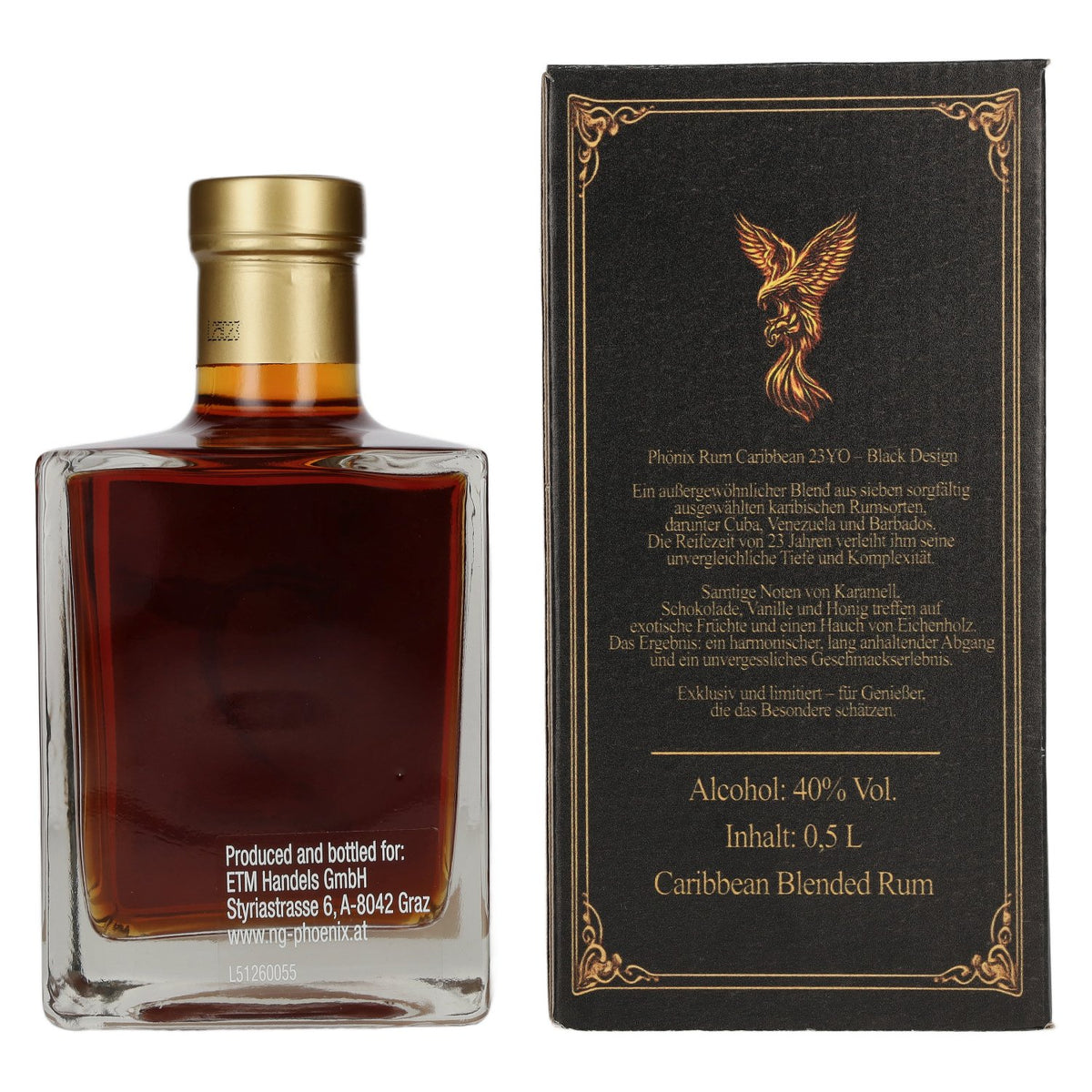 Phönix 23 Years Old Blended Caribbean Rum Black Design 40% vol. 0,5 l in geschenkverpakking