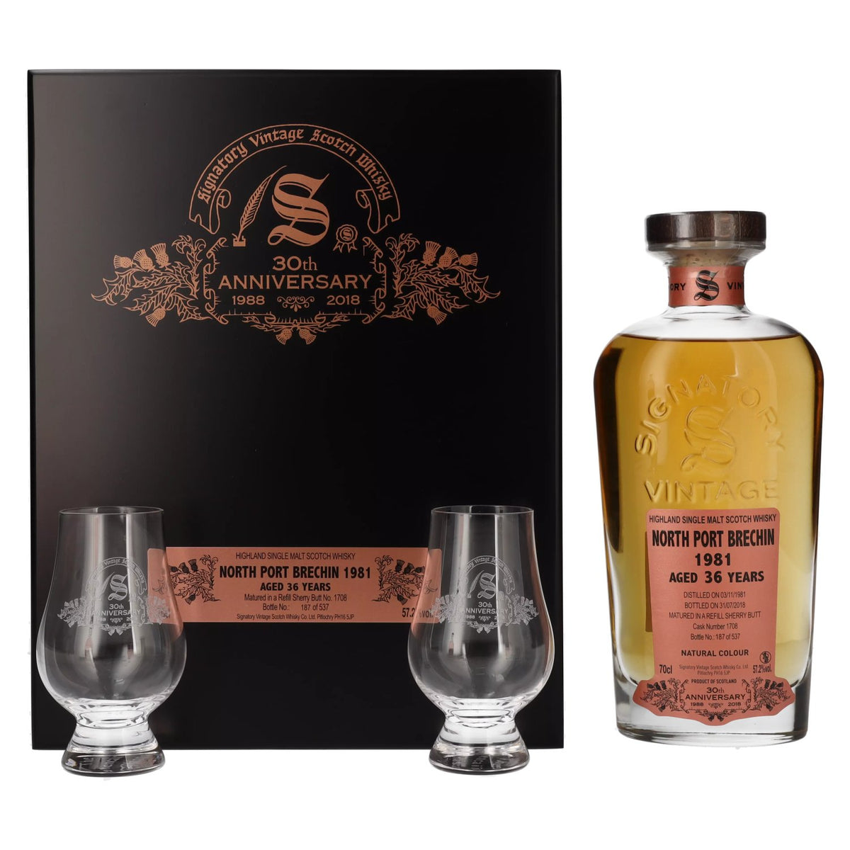 Signatory Vintage NORTH PORT BRECHIN 36 jaar oud 30e VERJAARDAG 1981 57,2% vol. 0,7 l in houten kist met 2 glazen