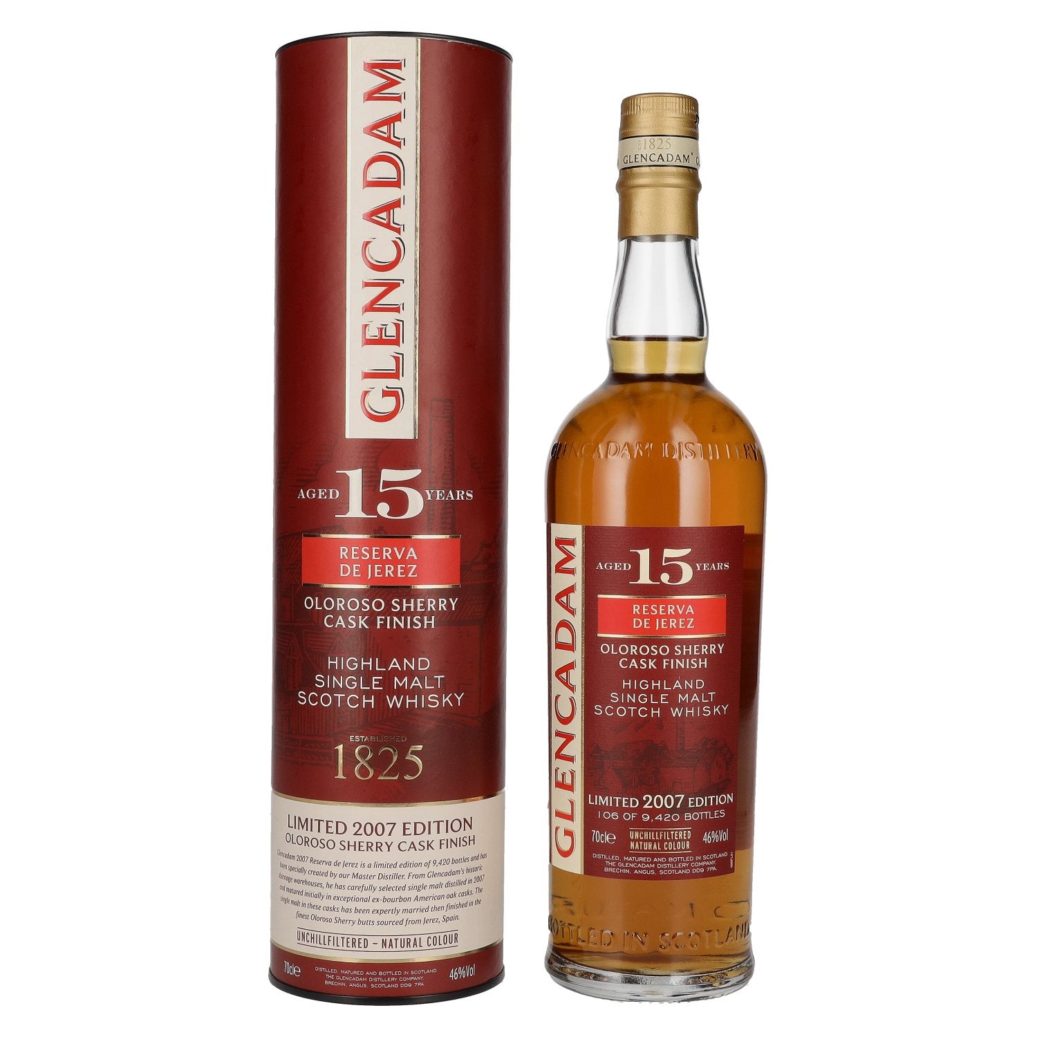 Glencadam RESERVA DE JEREZ 15 ans d'âge, single malt, finition en fût de sherry Oloroso, 46 % vol., 0,7 l, dans un coffret cadeau