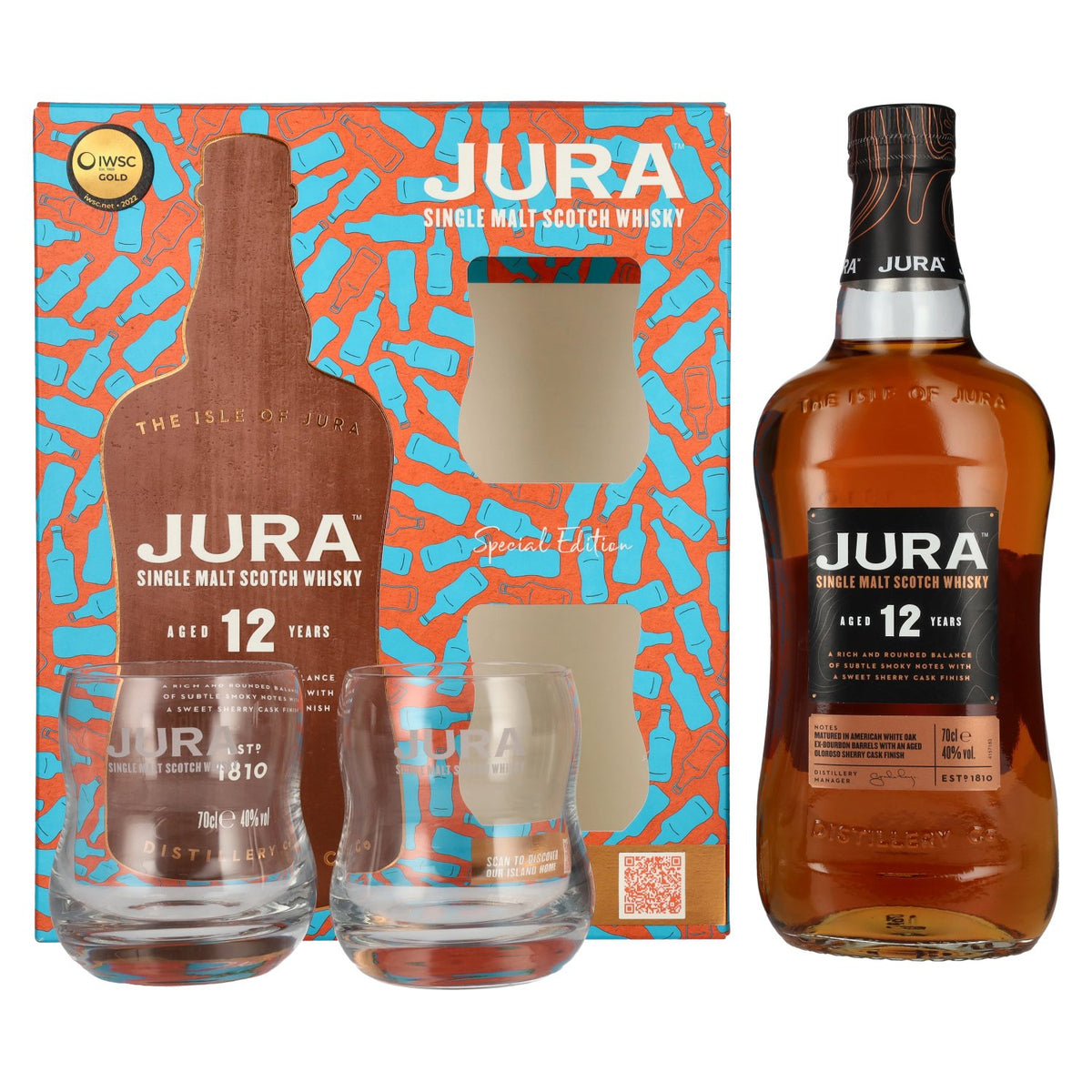 Jura 12 Years Old Single Malt Scotch Whisky 40% vol. 0,7 l in geschenkverpakking met 2 glazen