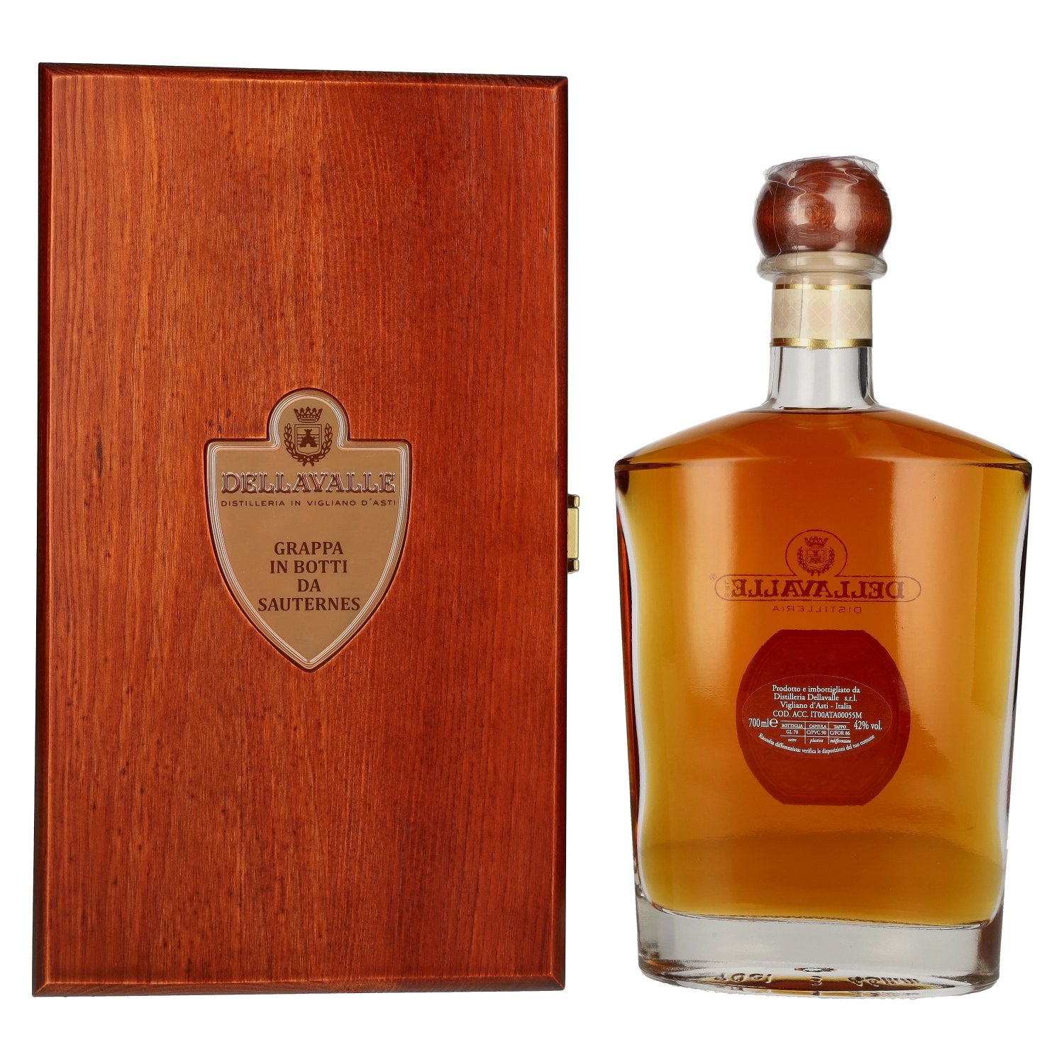 Dellavalle Grappa, gerijpt in Sauternes-vaten, 2007, 42% vol., 0,7 l, in houten kist