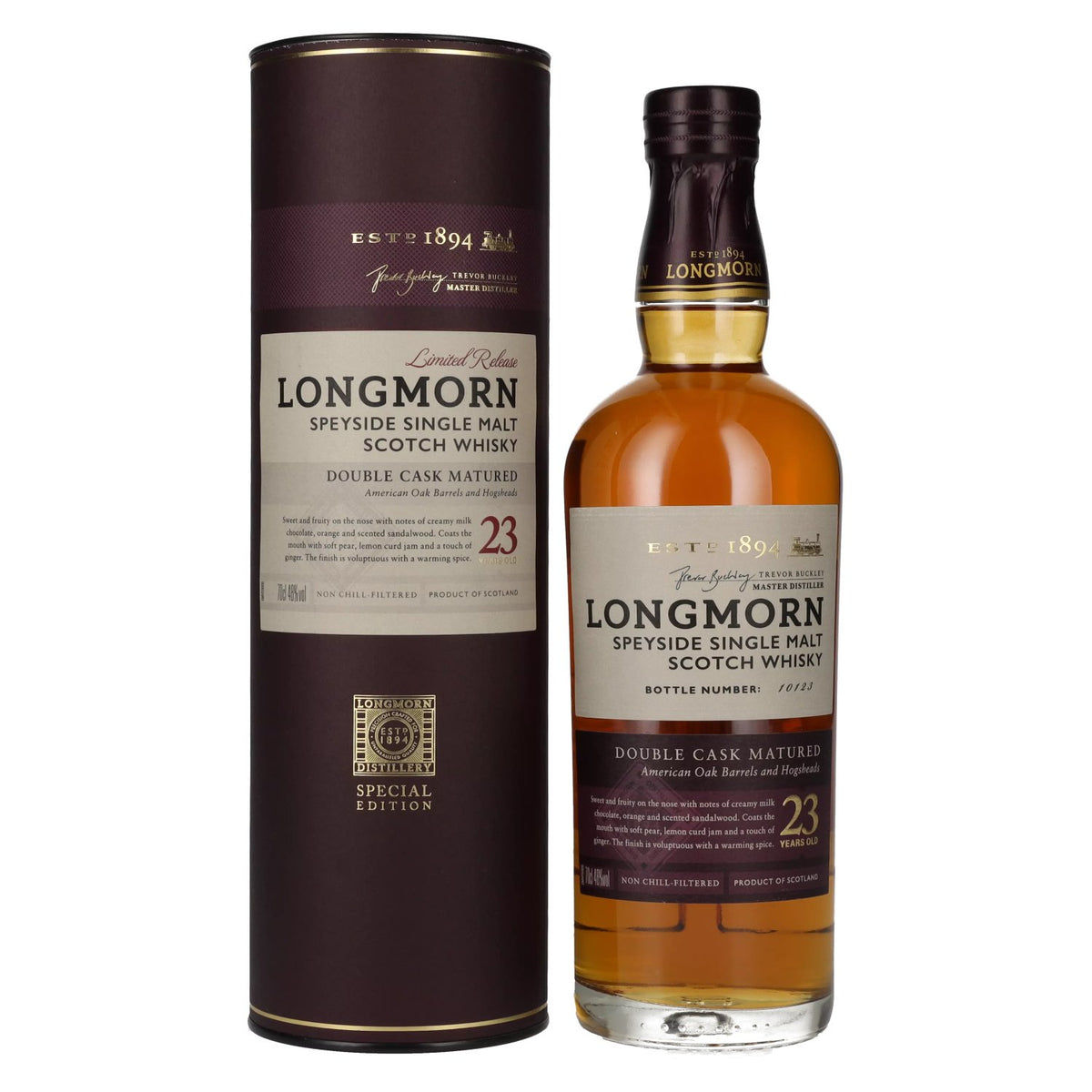 Longmorn 23 ans d'âge, double maturation en fût, 48 % vol., 0,7 l, dans un coffret cadeau