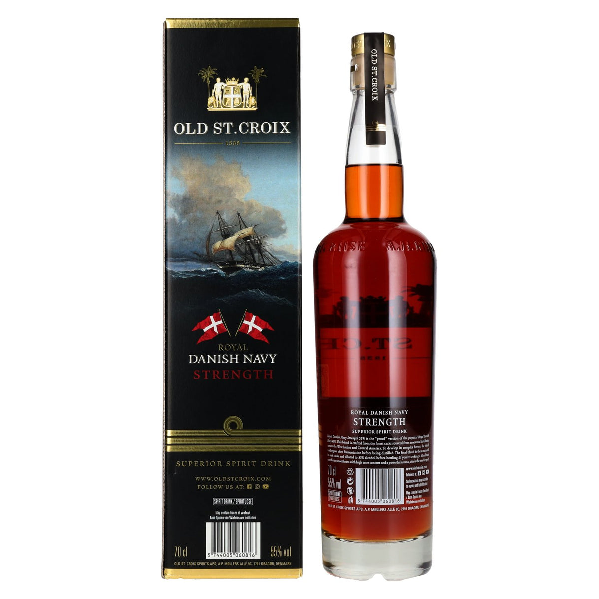Old St. Croix A.H. Riise Royal DANISH NAVY STRENGTH Superior gedistilleerde drank 55% Vol. 0,7l in geschenkverpakking