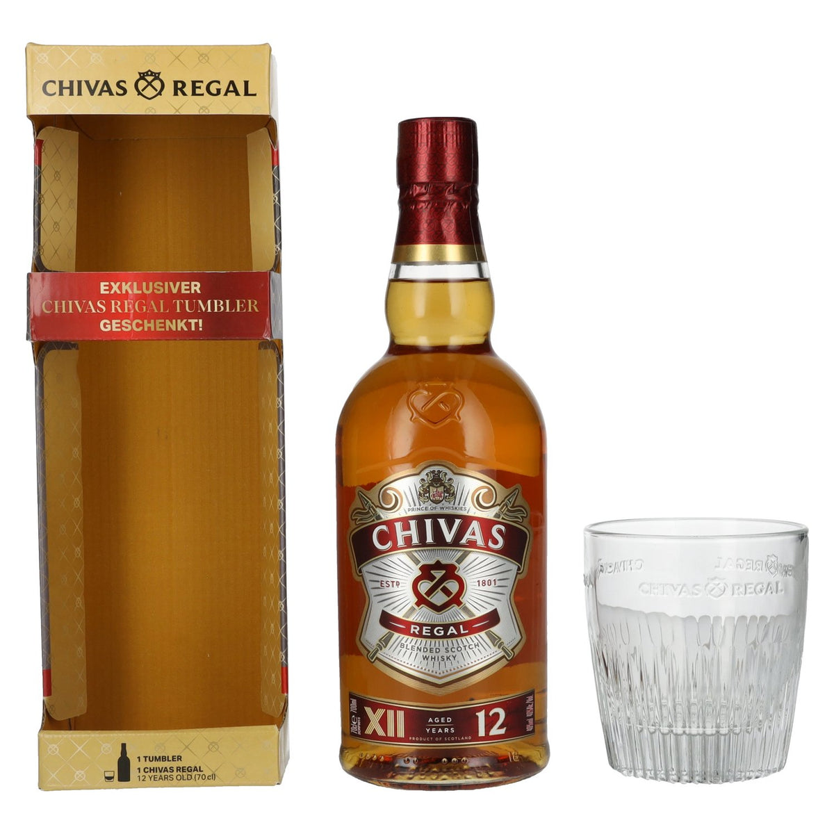 Chivas Regal 12 Years Old Blended Scotch Whisky 40% Vol. 0,7l met tumblerglas