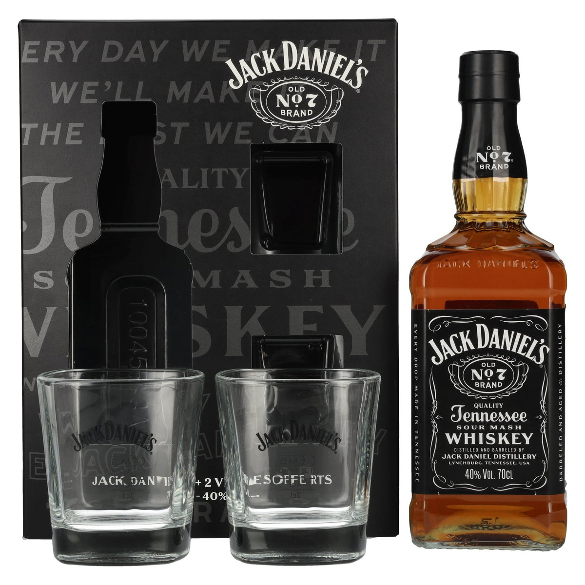 Jack Daniel's Tennessee Whiskey 40% Vol. 0,7l in Geschenkbox mit 2 Rocks Gläsern