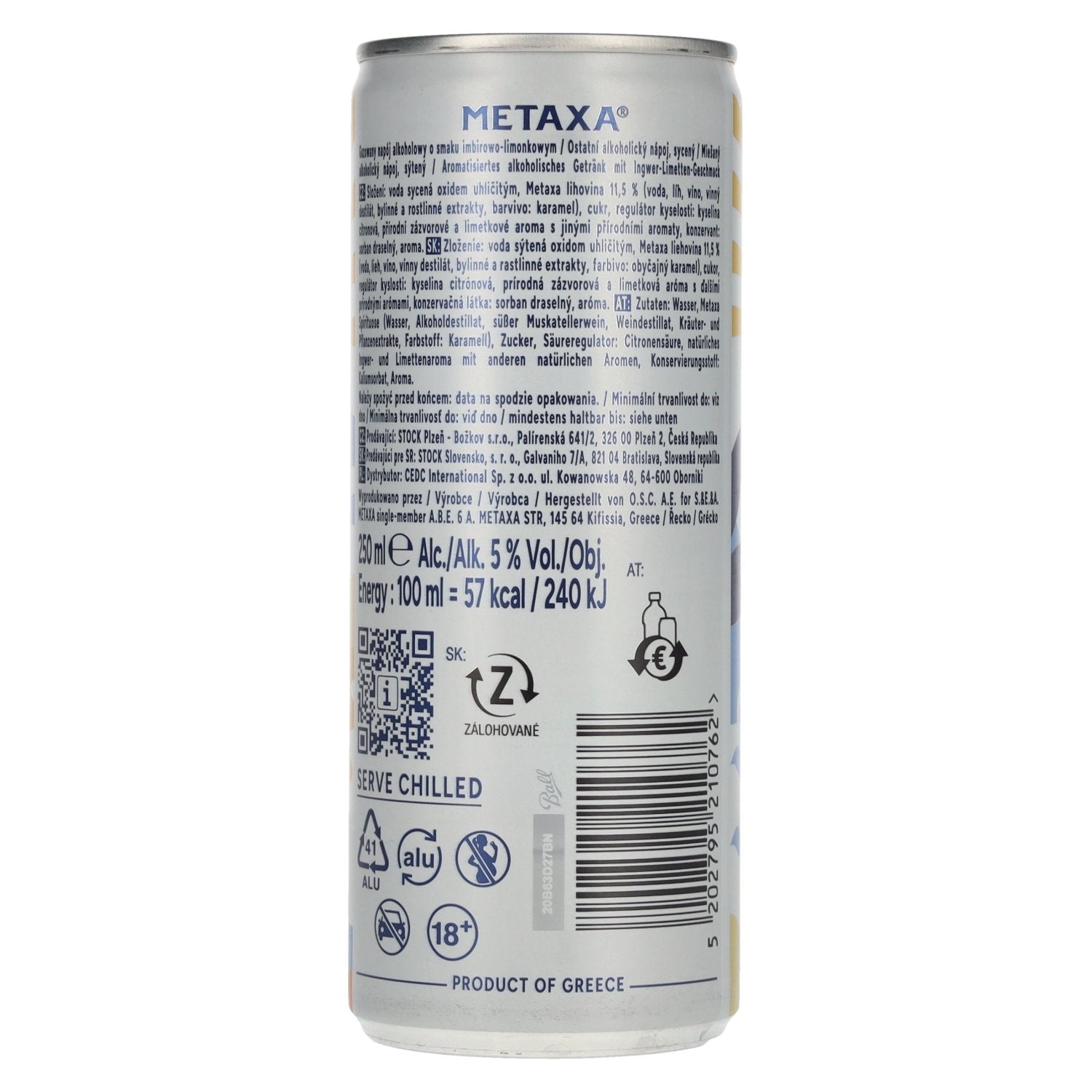 Metaxa Ginger & Lime Long Drink Greek Cocktails Ready to Drink 5% Vol. 0,25l Dose Pfand