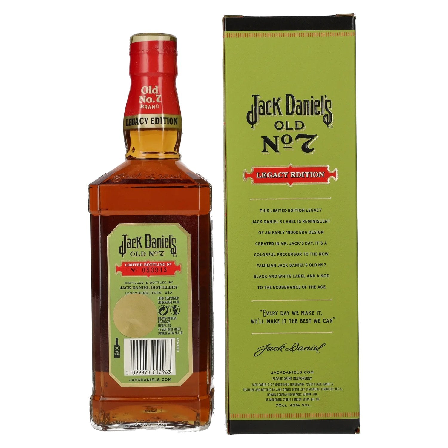 Jack Daniel's Sour Mash Tennessee Whiskey LEGACY EDITION n° 1 - GREEN DESIGN 43 % vol. 0,7 l dans un coffret cadeau