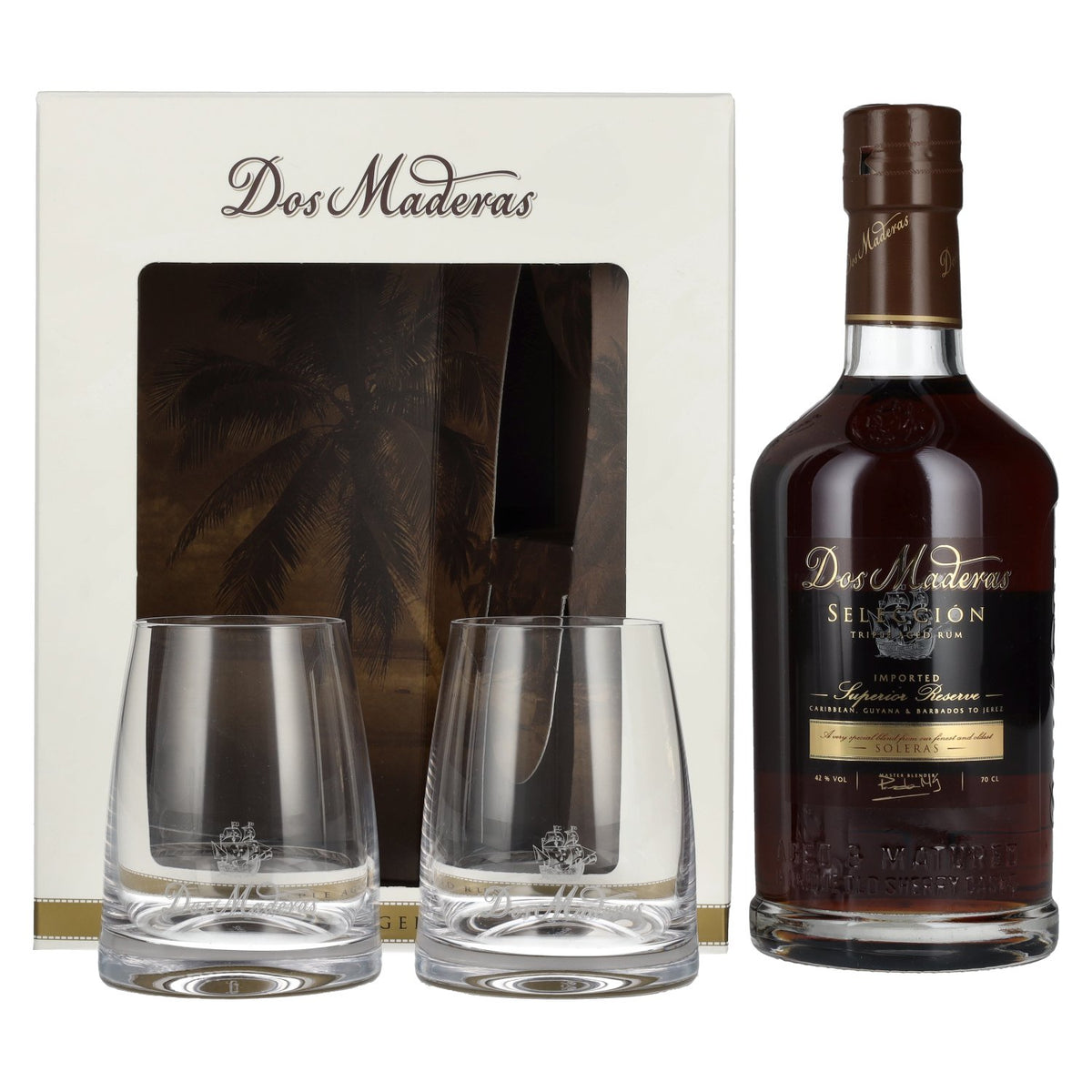 Dos Maderas Selección Superior Reserve Triple Aged Rum 42% vol. 0.7 l in a gift box with 2 glasses