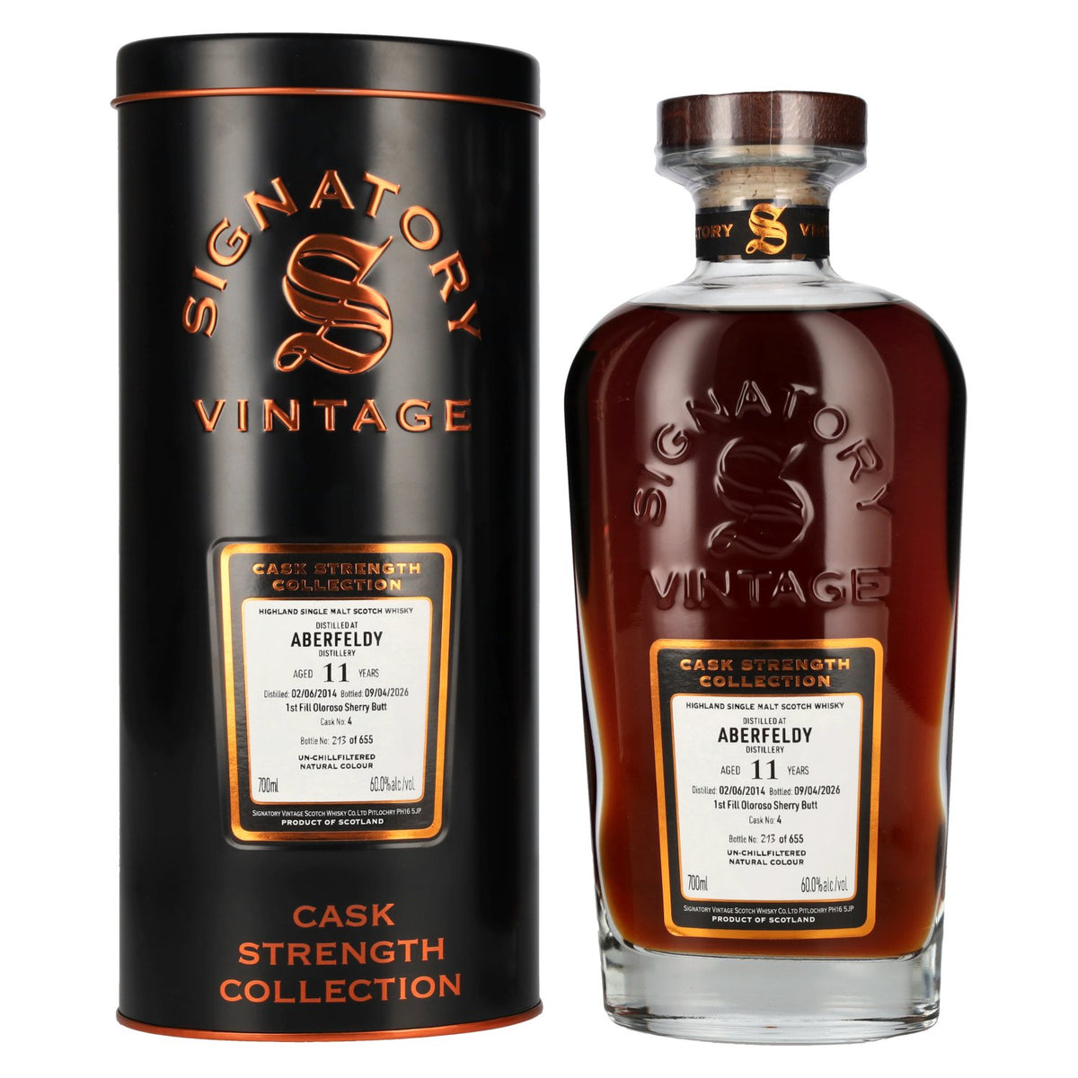 Signatory Vintage Aberfeldy 11 ans d'âge, brut de fût, premier remplissage, sherry Oloroso n° 4, 2014, 60 % vol., 0,7 l, dans une boîte en fer-blanc