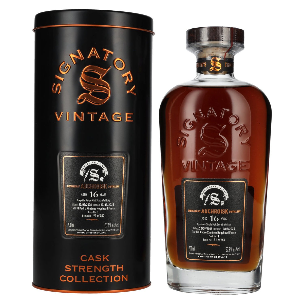 Signatory Vintage SYMINGTON'S CHOICE 16 ans d'âge Auchroisk PX, finition en fût de whisky de porc n° 3, 2008, 57,9 % vol., 0,7 l dans une boîte en fer-blanc