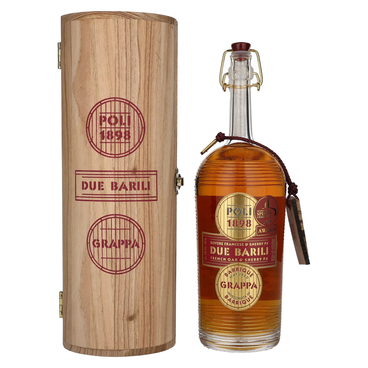 Poli Grappa Barrique Due Barili 40% vol. 0.7 l in a wooden box