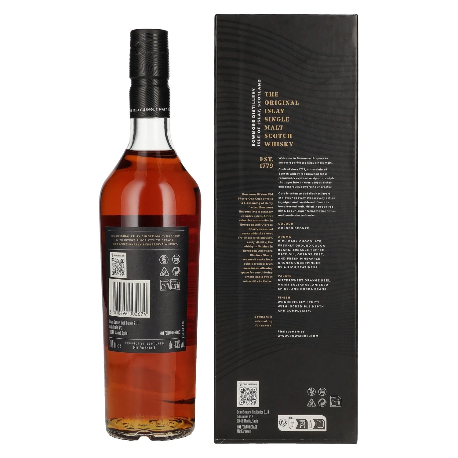 Bowmore 18 Years Old Sherry Oak Cask Islay Single Malt 43% Vol. 0,7l en boîte cadeau