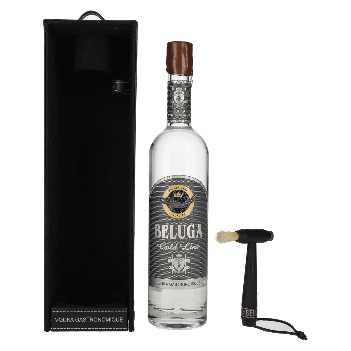 Beluga Gold Line Vodka Montenegro 40% vol. 0,7l en boîte cadeau imitation cuir avec pinceau