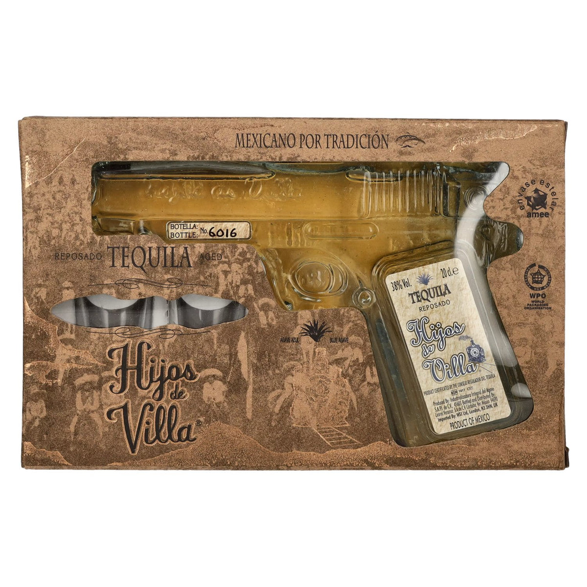 Hijos de Villa Tequila Reposado 38% ABV, 0.2 l, in a gift box with 2 shot glasses