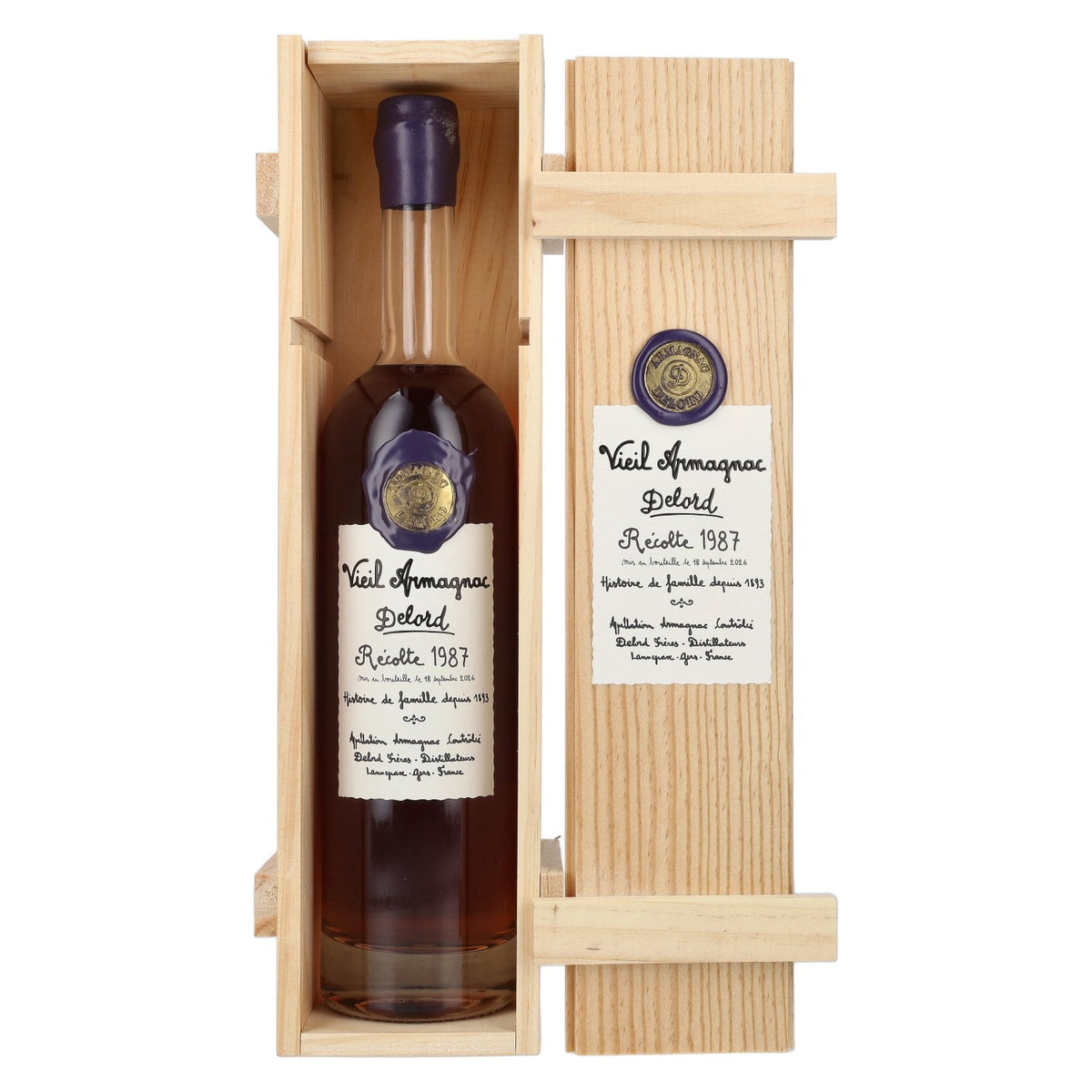 Armagnac Delord Vintage, 1987 Harvest, 40% vol., 0.7 l, in a wooden box