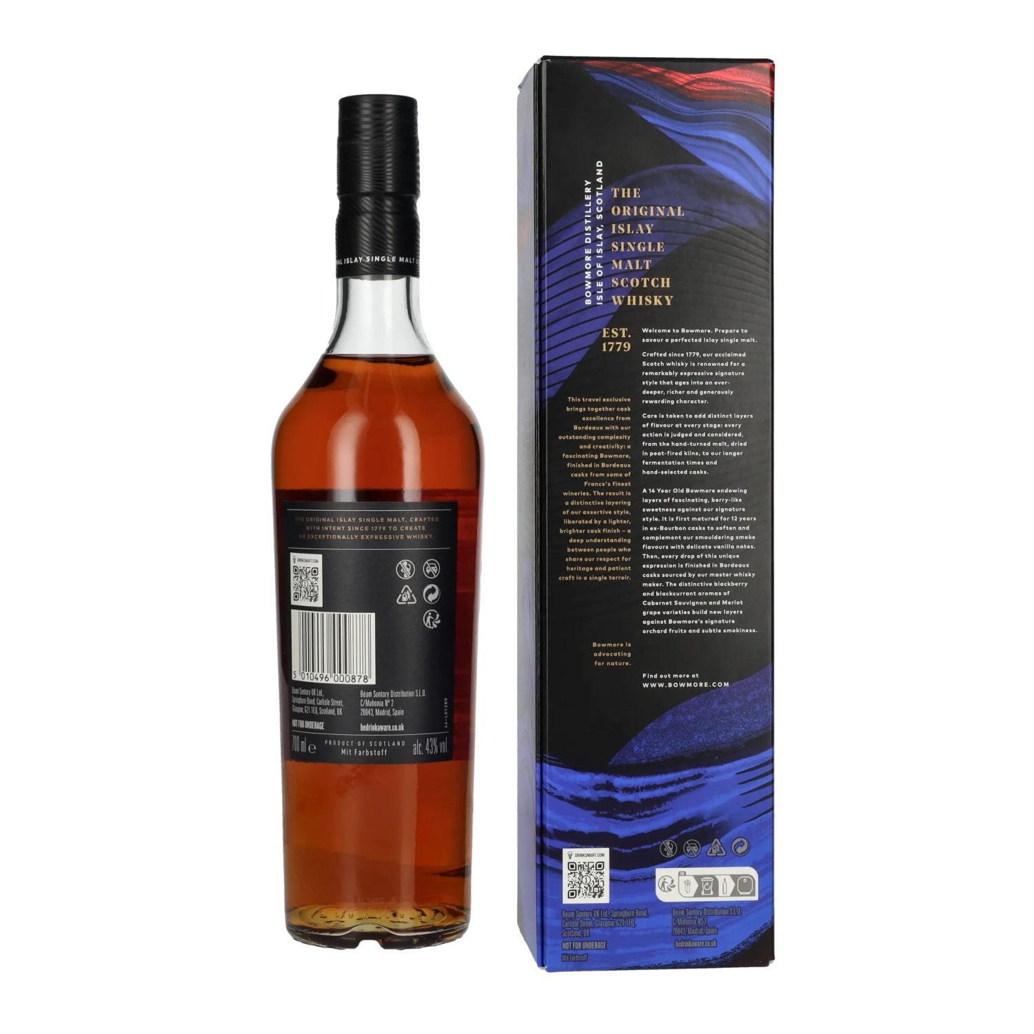 Bowmore 14 Years Old Bordeaux Cask Finish Islay Single Malt 43% Vol. 0,7l en boîte cadeau