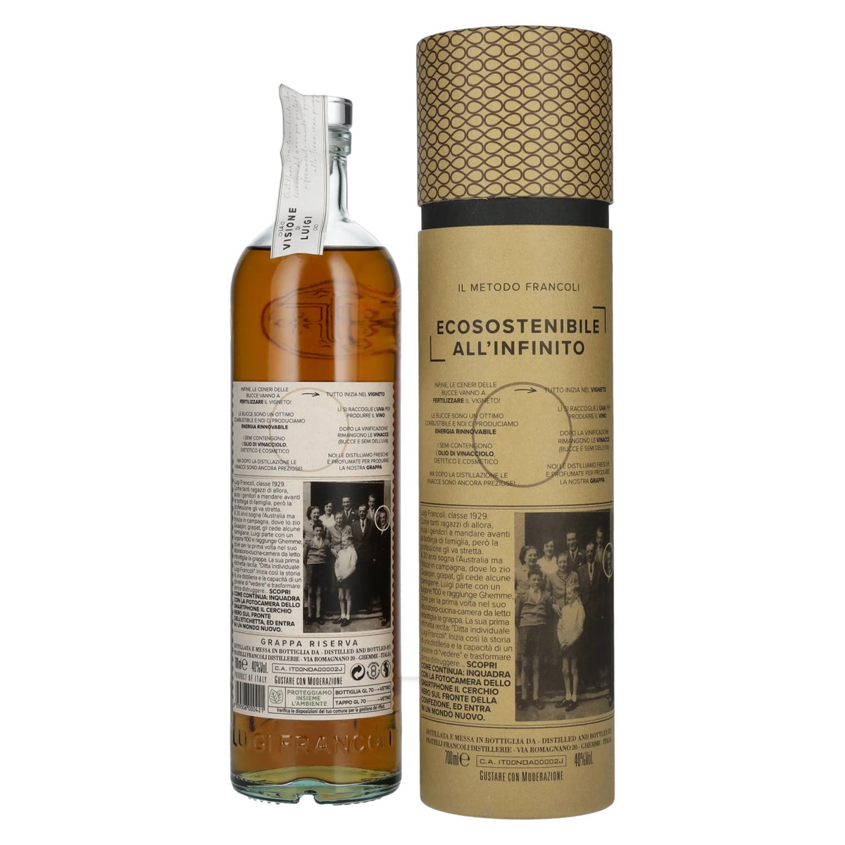 Grappa Luigi Francoli Riserva « La Visione di Luigi » 40 % vol., 0,7 l, dans un coffret cadeau