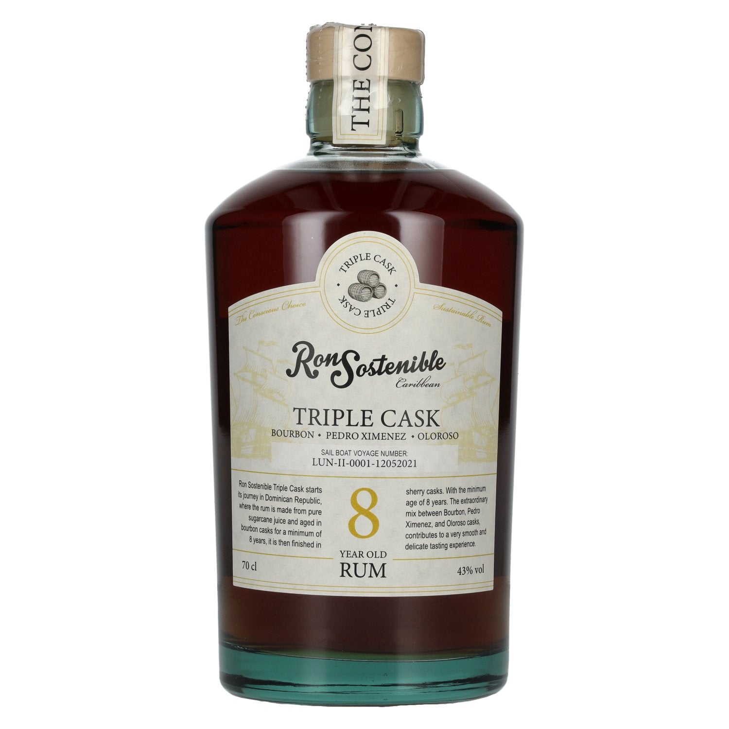 Ron Sostenible 8 Jaar Oude Tripel Vat Rum 43% Vol. 0,7l