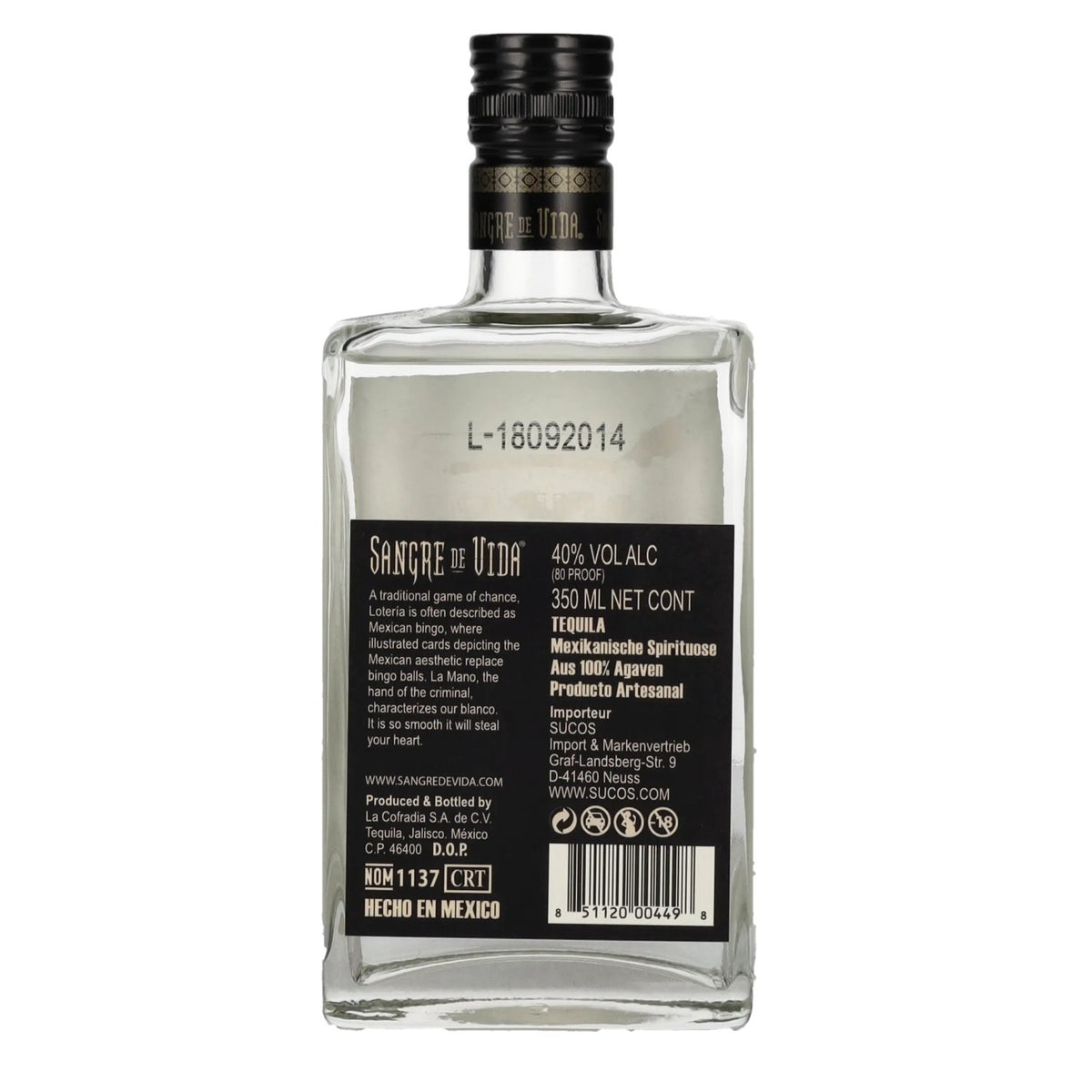 Sangre de Vida Loteria LA MANO Tequila blanche 100 % d'agave 40 % vol. 0,35 l