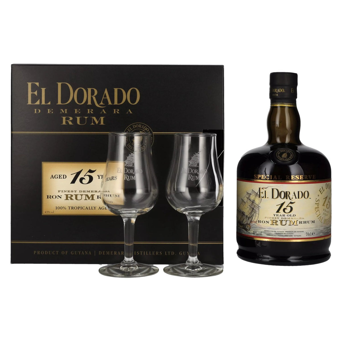 El Dorado 15 Years Old Finest Demerara Rum SPECIAL RESERVE 43% ABV 0.7l in a gift box with 2 glasses