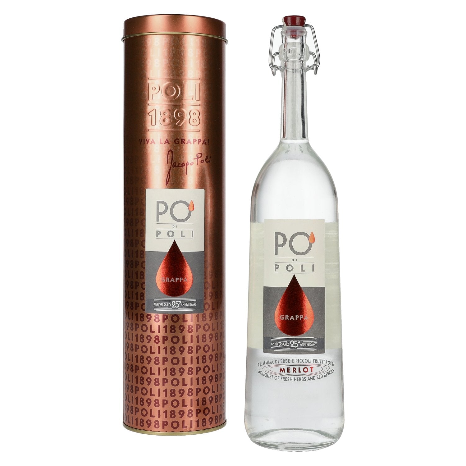 Poli Po' Di Poli Grappa 25 Anniversario Merlot 40% Vol. 0,7l in Blikken doos