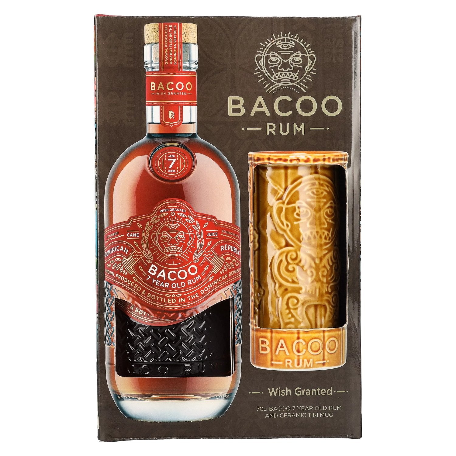 Bacoo 7 Jaar Oude Rum 40% Vol. 0,7l in geschenkverpakking met Tiki mok