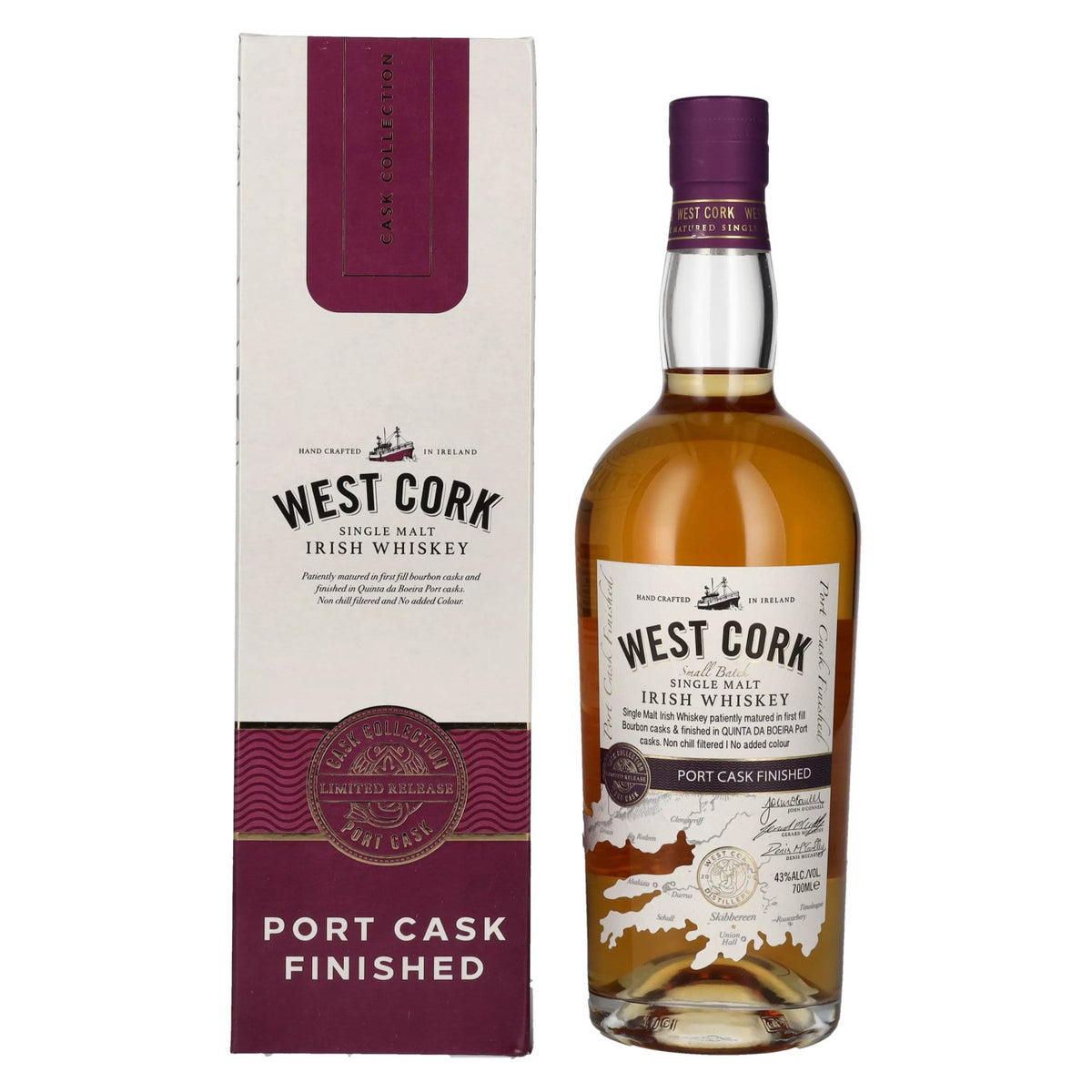 West Cork Irish Whiskey, PORT CASK FINISHED, 43% vol., 0.7 l, in a gift box