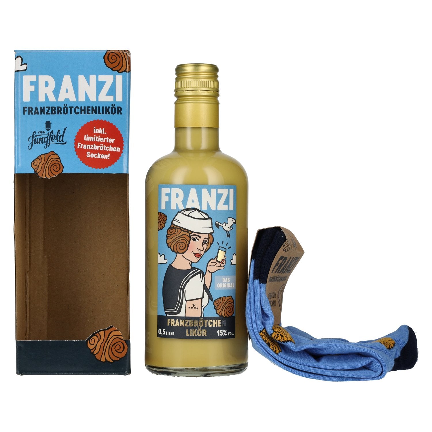 Franzi Franzbrötchen Likör 15% Vol. 0,5l in Geschenkbox mit Socken