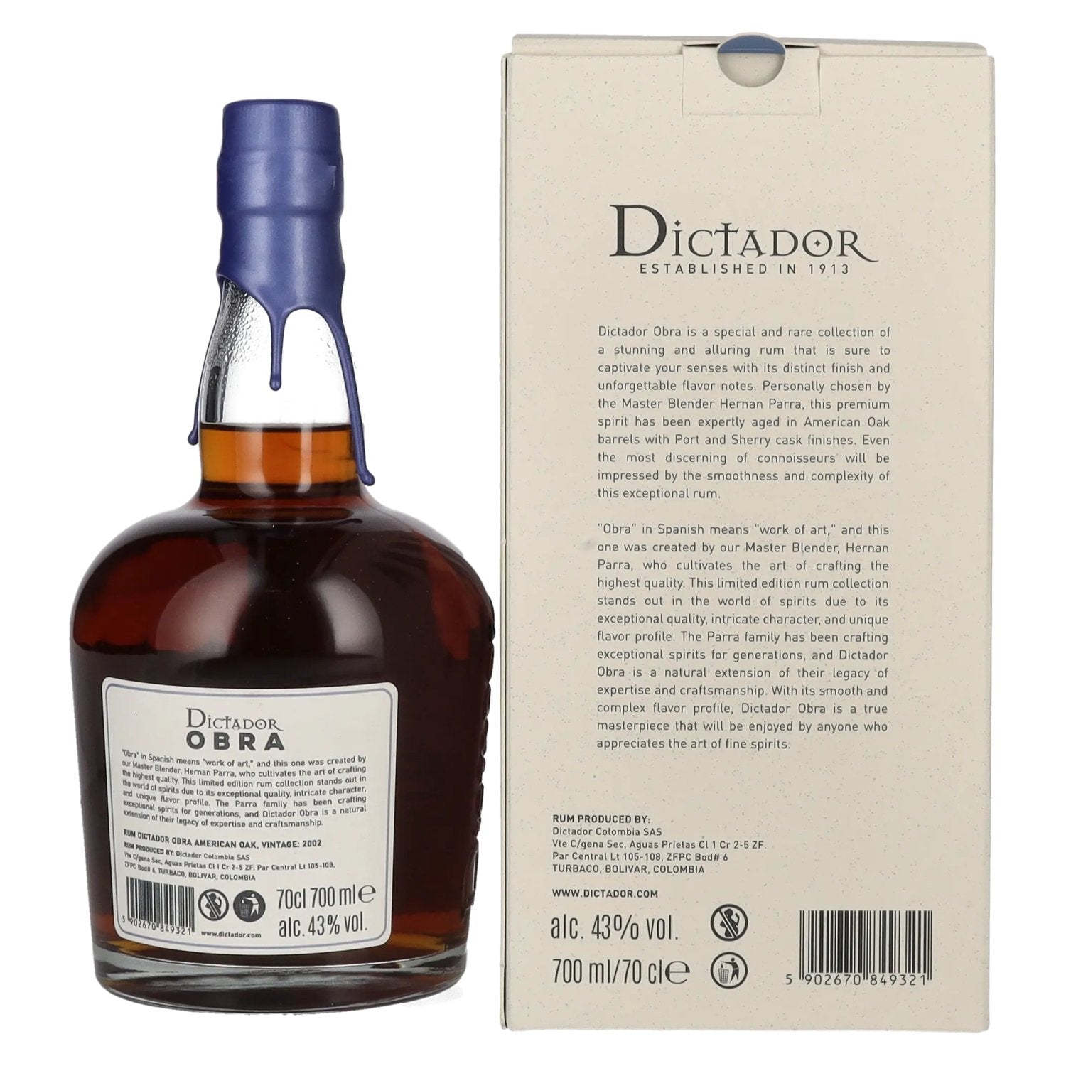 Dictador OBRA VINTAGE 21 Years Old AMERICAN OAK CASK Rum 2002 43% Vol. 0,7l en boîte cadeau