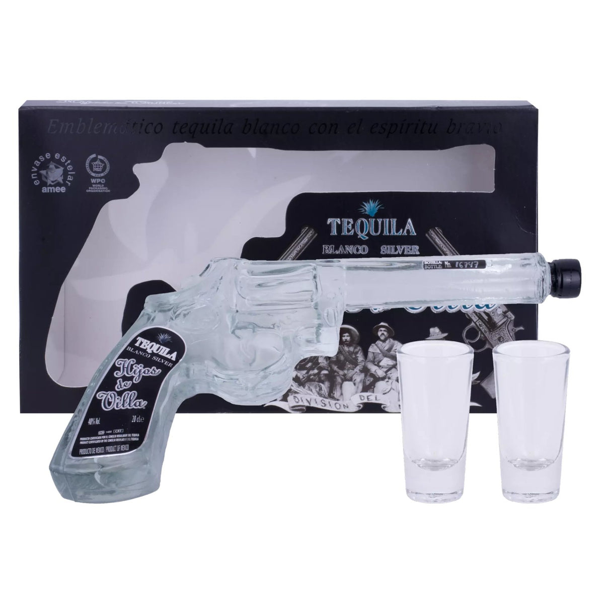 Hijos de Villa Tequila Blanco Silver 40% vol. 0,2 l in geschenkverpakking met 2 shotglaasjes