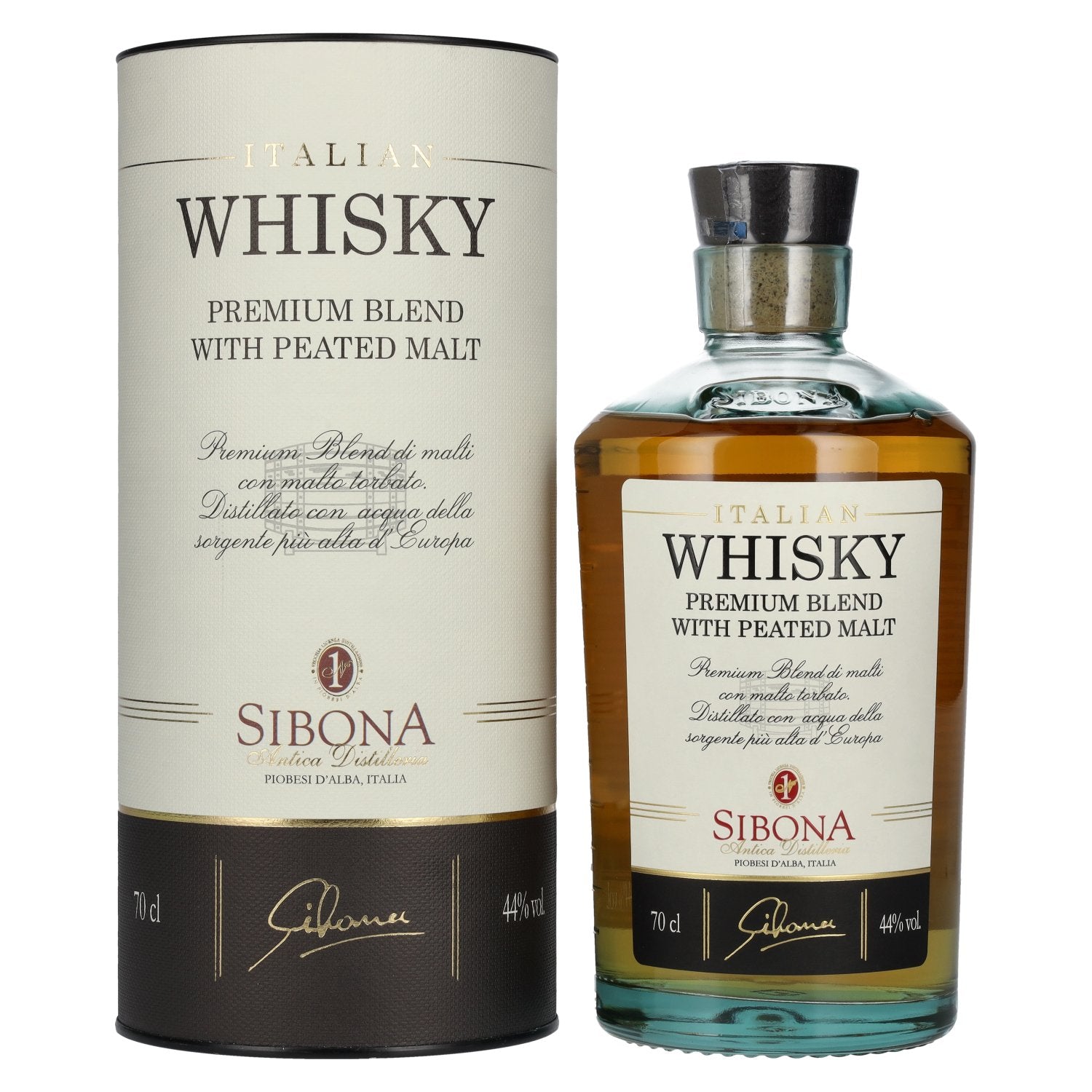 Sibona PREMIUM BLEND WITH PEATED MALTS, whisky italien, 44 % vol., 0,7 l, dans un coffret cadeau
