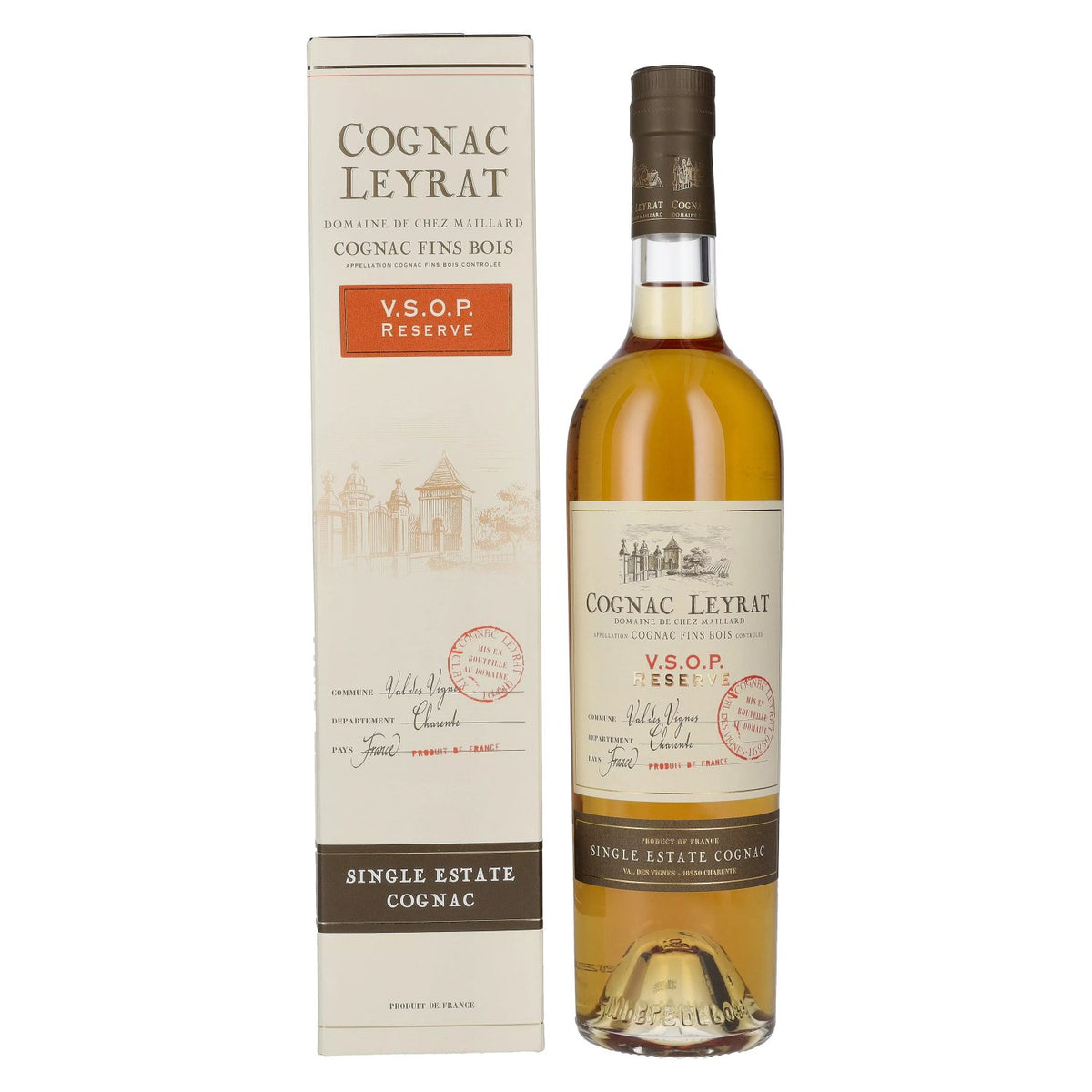 Cognac Leyrat V.S.O.P. Réserve Single Estate, 40 % vol., 0,7 l, dans un coffret cadeau