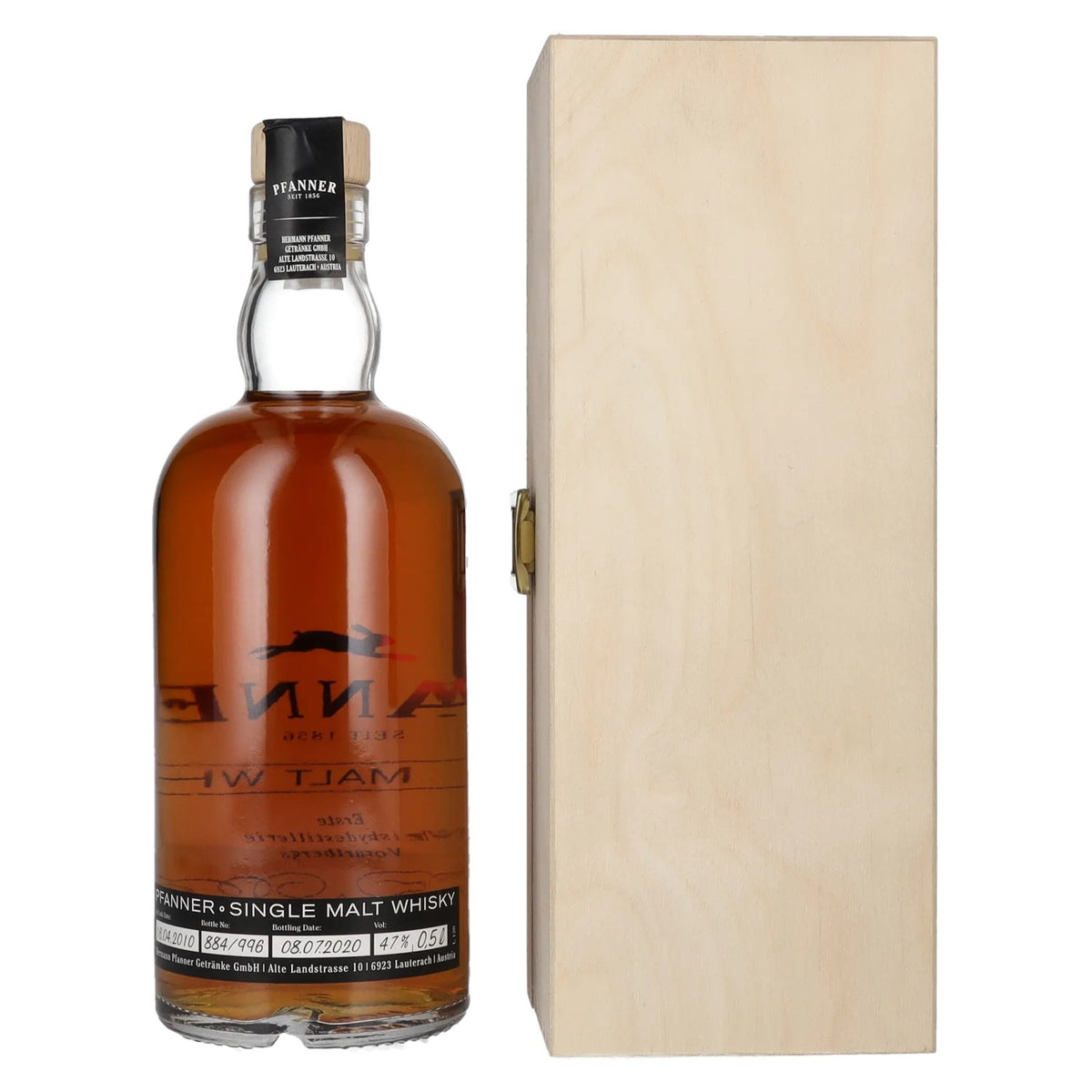 Pfanner 10 Years Old Single Malt Whisky Anniversary Edition 47% ABV 0.5l in a wooden box