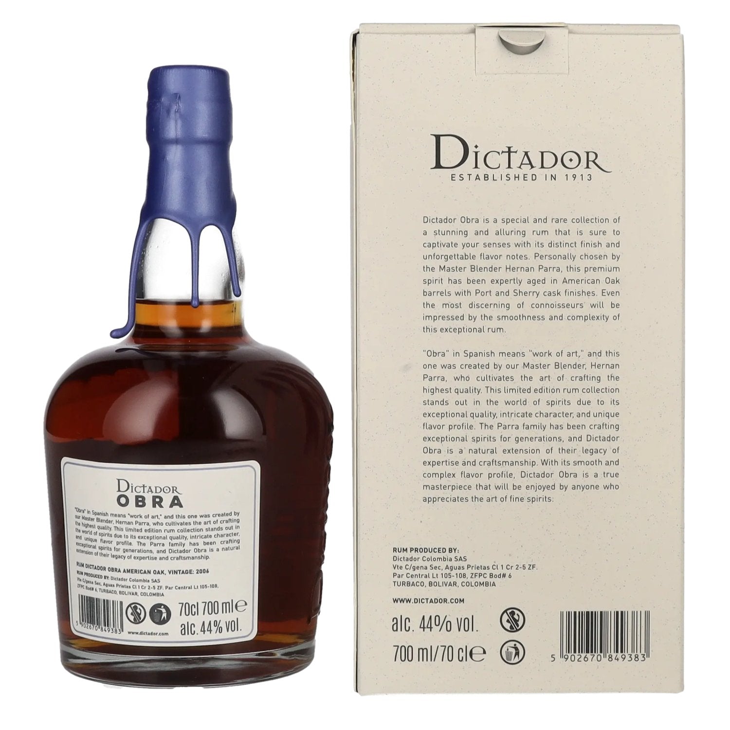 Dictador OBRA VINTAGE 17 Years Old AMERICAN OAK CASK Rum 2006 44% Vol. 0,7l in gift box