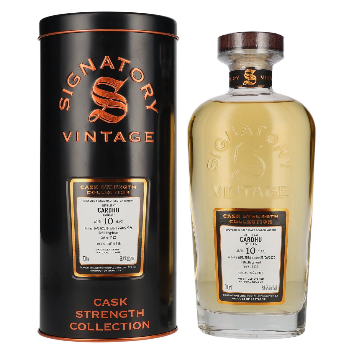 Signatory Vintage Cardhu 10 ans d'âge, refill, fût Hogshead, brut de fût n° 1132, 2016, 58,4 % vol., 0,7 l, dans une boîte en fer-blanc