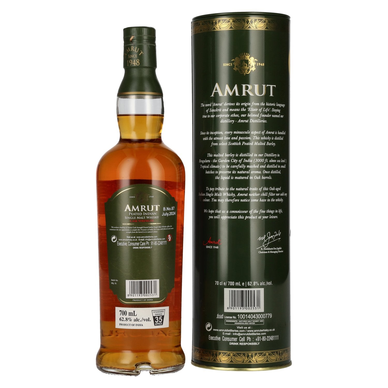 Amrut PEATED Indiase Single Malt Whisky CASK STERKTE 62,8% Vol. 0,7l in Blik