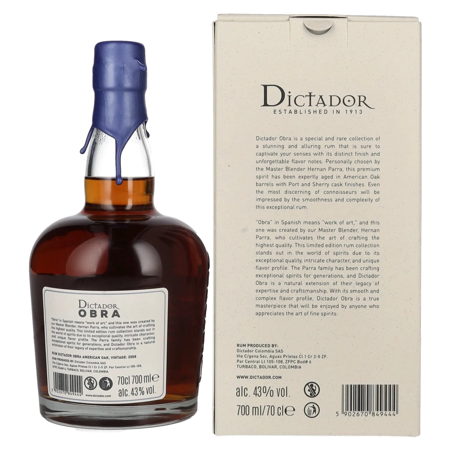 Dictador OBRA VINTAGE 15 Years Old AMERICAN OAK CASK Rum 2008 43% Vol. 0,7l en boîte cadeau