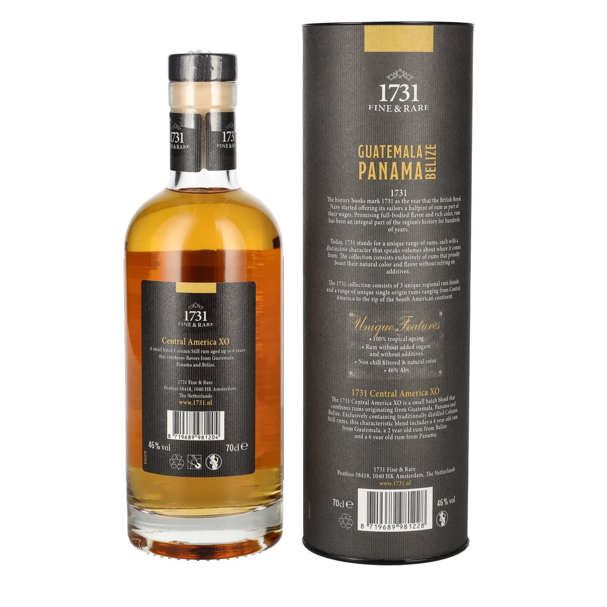 1731 Fine &amp; Rare GUATEMALA PANAMA BELIZE XO Central America Rum 46% Vol. 0,7l en boîte cadeau