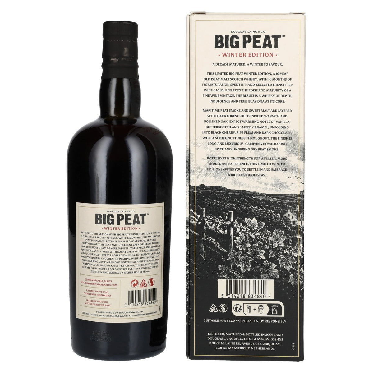 Douglas Laing Big Peat 10 ans d'âge, vieilli en fût de vin rouge, édition d'hiver 2026, 48 % vol., 0,7 l, dans un coffret cadeau