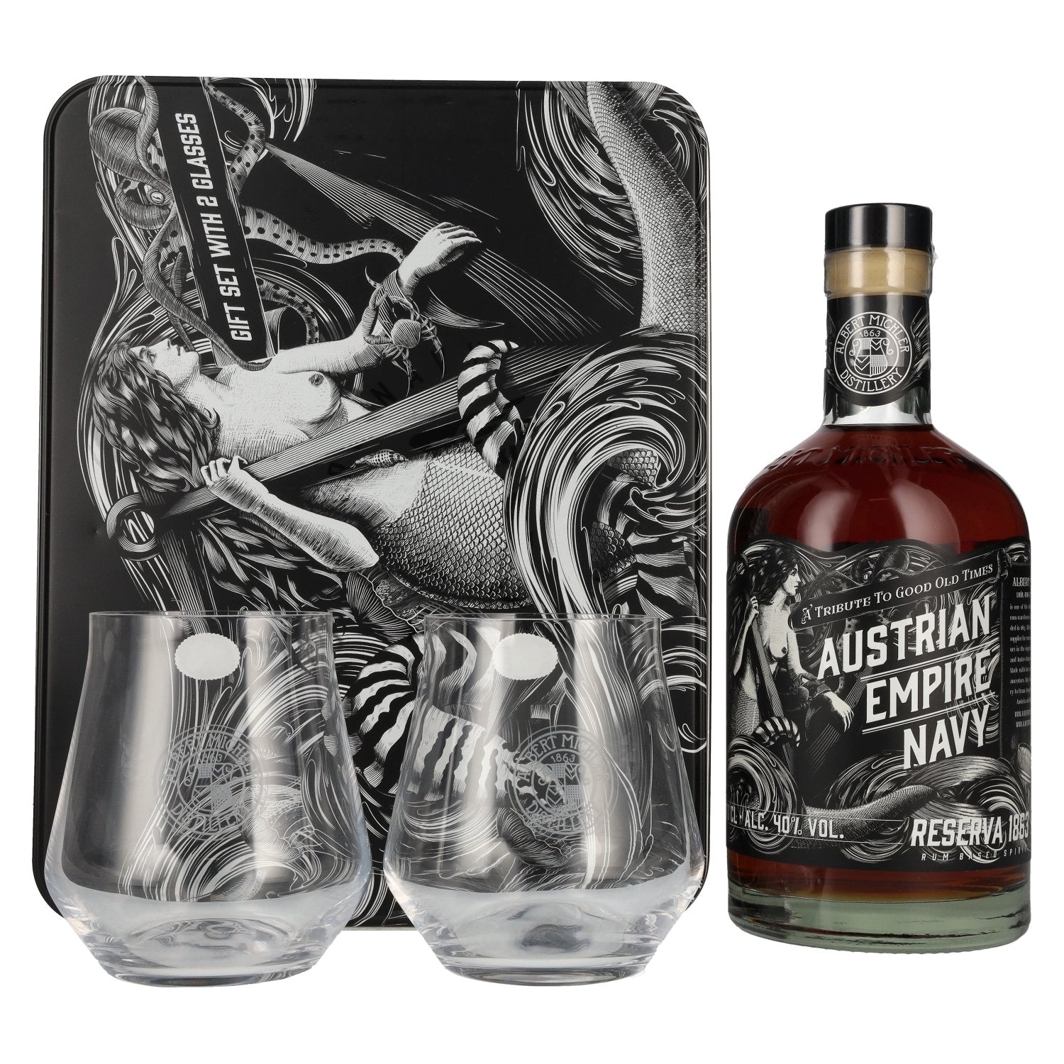 Austrian Empire Navy RESERVA 1863 Spirit Drink 40% Vol. 0,7l in gift box with 2 glasses