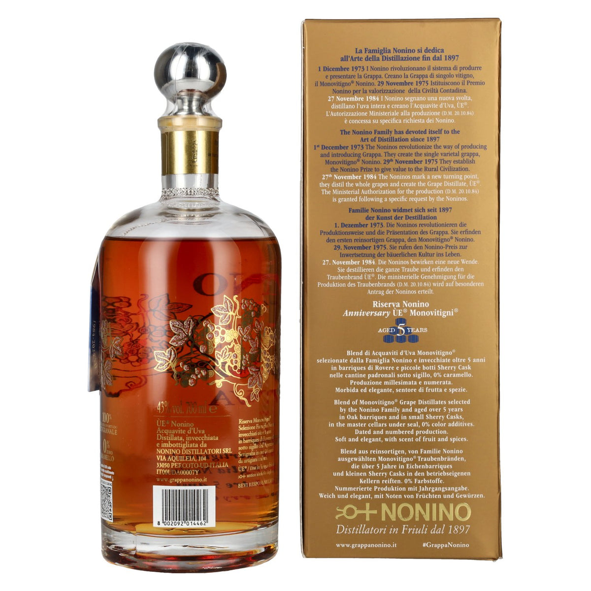 Nonino Grappa ÙE Monovitigni Riserva 5 Years Old 43% vol. 0,7 l in geschenkverpakking