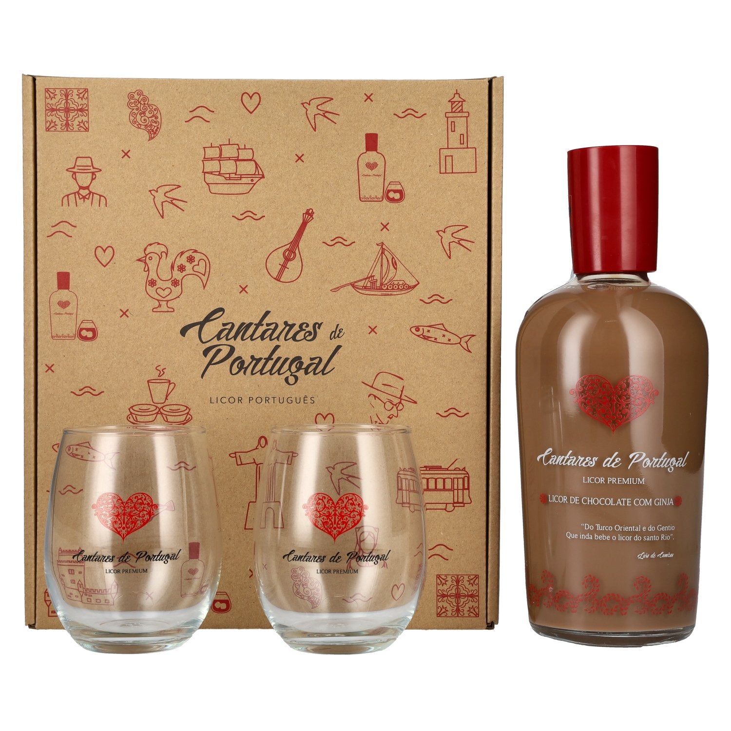 Cantares de Portugal Licor de Chocolate com Ginia 15% Vol. 0,7l in Geschenkbox mit 2 Gläsern